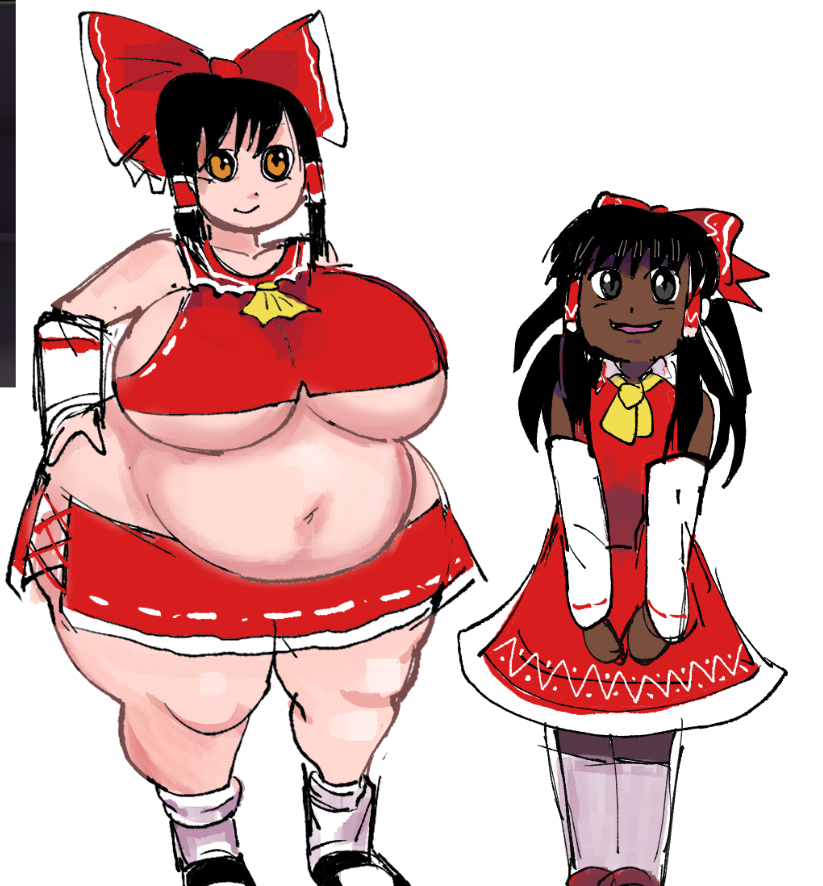 2girls big_belly big_breasts big_hips big_thighs chubby chubby_belly chubby_female dark-skinned_female reimu_hakurei sinisterbart_(artist) size_difference underboob verybadbart white_background