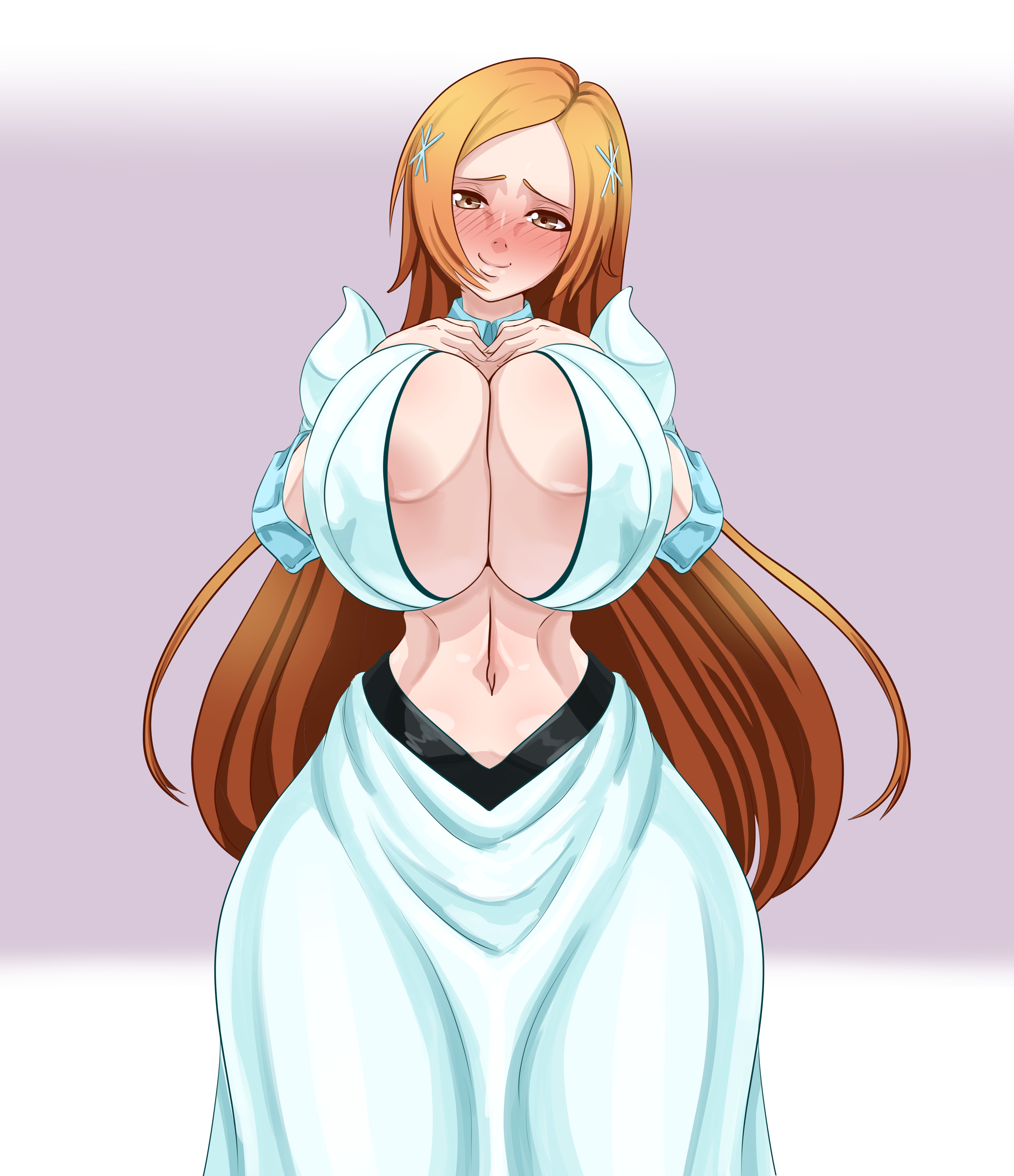 1girls, about to burst, areola slip, barely contained, barely contained breasts, barely fits, bleach, bleach: the thousand-year blood war, blush, breasts, breasts too big, bursting breasts, female, hands on breasts, imminent wardrobe malfunction, inoue orihime, karuro-kun, large breasts, looking at viewer, navel, orange hair, posing, solo female, straining clothing, tight clothes, tight clothing, tight fit, too tight, undersized clothes, undersized clothing, wide hips