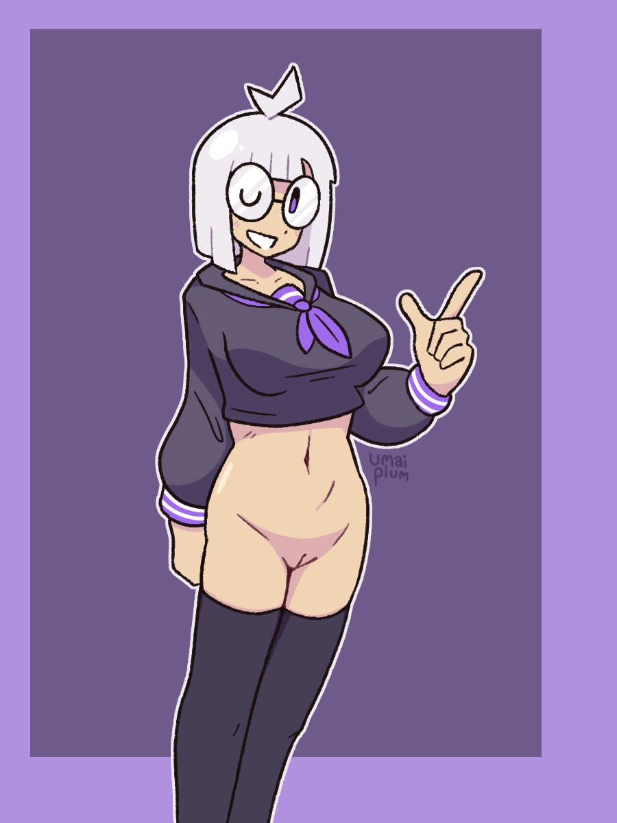 bottomless bottomless_female breasts female glasses large_breasts leggings looking_at_viewer lu_white_(nekuzx) navel purple_eyes pussy school_uniform short_hair smiling tie topwear umaiplum white_hair winking winking_at_viewer