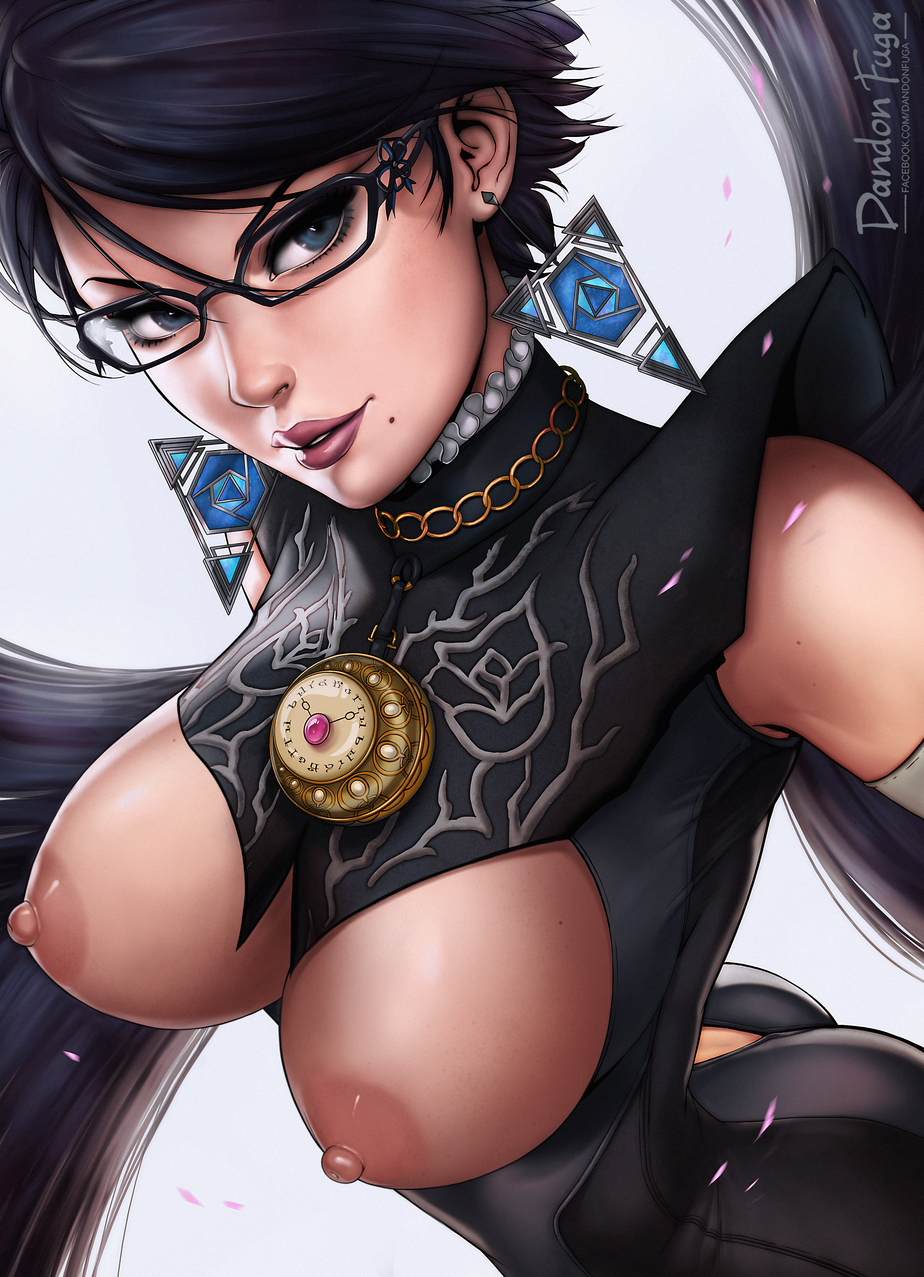 1girls, absurdres, amulet, ass, bayonetta, bayonetta (character), bayonetta 2, black hair, blue eyes, breasts, breasts out, capelet, close-up, dandon fuga, earrings, extremely large filesize, female, female only, glasses, high resolution, hourglass figure, jewelry, large breasts, large filesize, lips, lipstick, long hair, looking at viewer, makeup, megane, mole, mole under mouth, necklace, nintendo, nipples, nose, portrait, short hair, solo, upper body, very high resolution