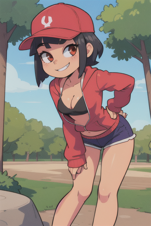 ai_generated black_hair bra cleavage hoodie jean_shorts leaning_forward legs leonarda minecraft open_clothes outdoors outside pixai qsmp qsmp_eggs red_eyes red_hat red_hoodie short_hair short_shorts skinny sports_bra tomboy