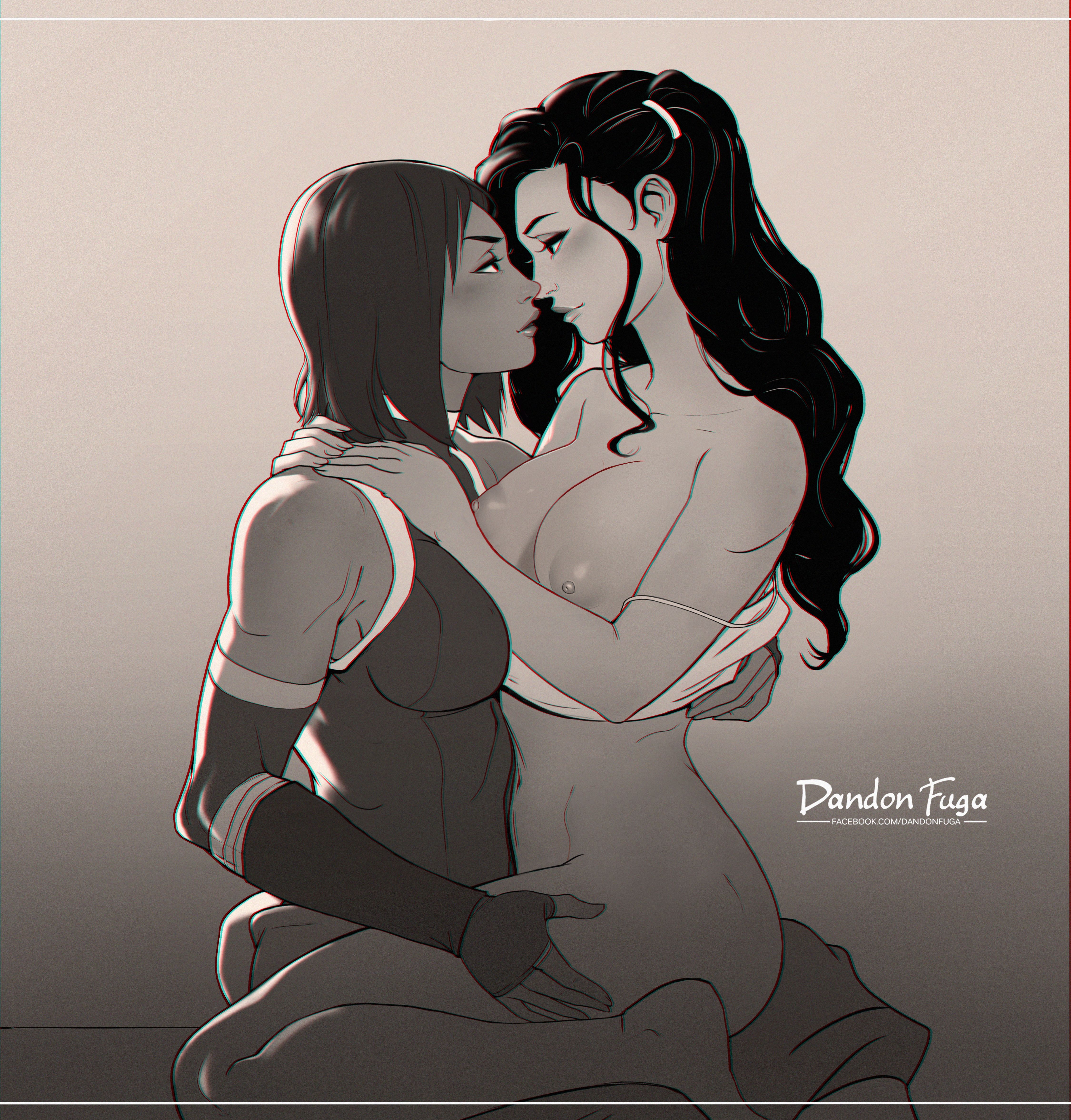 2girls, alternate breast size, artist name, asami sato, ass, avatar legends, bare shoulders, barefoot, barely clothed, black hair, blush, breasts, canon couple, cleavage, clothed, clothed female, clothed female nude female, clothed on nude, clothing, dandon fuga, dark skin, dark-skinned female, elbow gloves, feet, female, female only, fingerless gloves, gloves, gradient, gradient background, interracial, korra, large breasts, legs, lesbian, long hair, monochrome, multiple females, multiple girls, navel, nickelodeon, nipples, nude, nude female, romantic, short hair, smooth skin, soles, the avatar, the legend of korra, thighs, water tribe, yuri