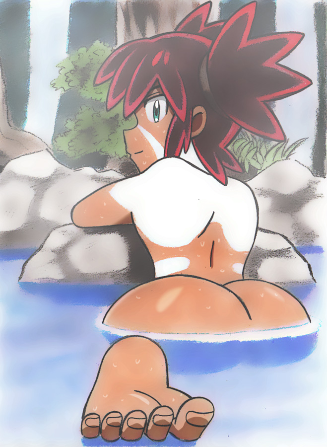 butt in_water koko_(pokemon) no_visible_genitalia nsfw red_hair skinny soles solo solo_male tan_body tattoo wet wet_body wet_butt young