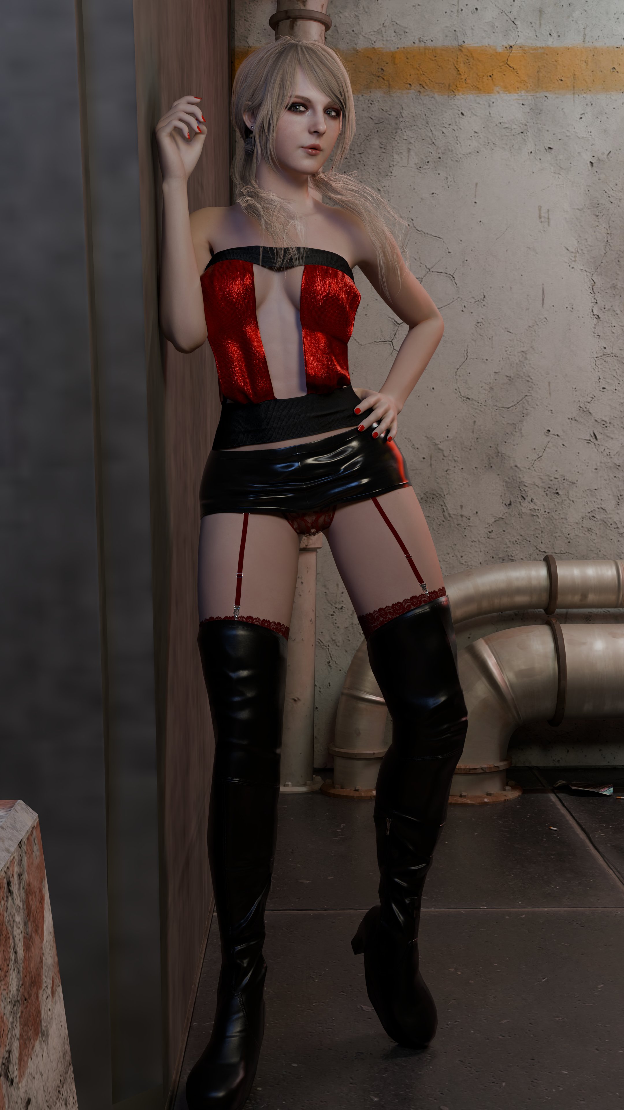 1girls, 3d, ashley graham, blender, blonde hair, boots, breasts, busty, clothed, dustedfountain, eyeshadow, female, female focus, female only, garter straps, hooker, hourglass figure, lingerie, miniskirt, pigtails, presenting, prostitution, red nails, red stockings, resident evil, resident evil 4, resident evil 4 remake, revealing clothes, solo, stockings, street, tagme, thigh boots, thighhigh boots, thighhighs, thighs, thong, wide hips