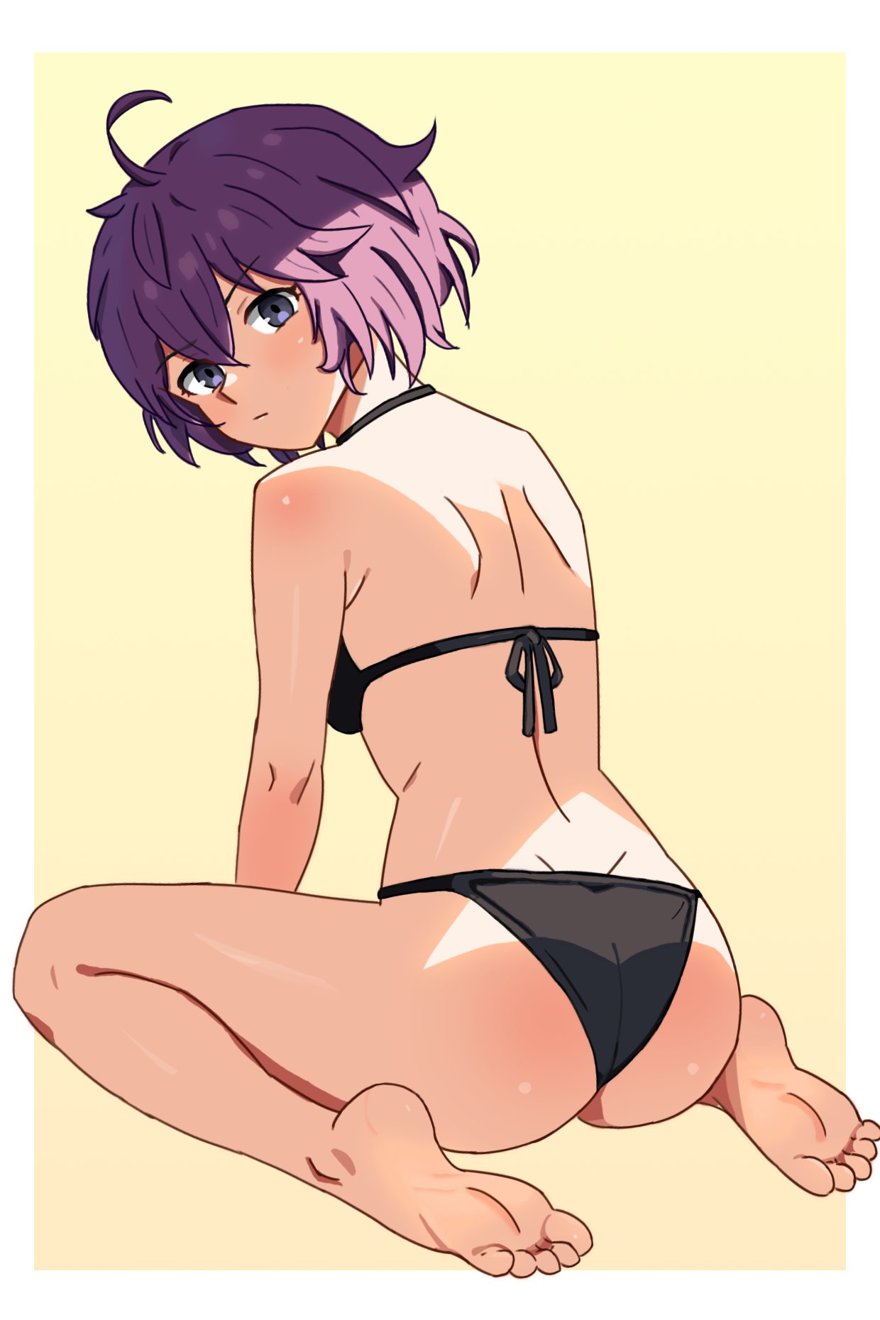 1girls alternate_costume ass back bare_back bare_legs barefoot bernadetta_von_varley big_ass bikini black_bikini black_swimsuit blue_eyes female female_only fire_emblem fire_emblem:_three_houses kneeling legs looking_at_viewer looking_back nintendo overused23 purple_hair soles solo swimsuit