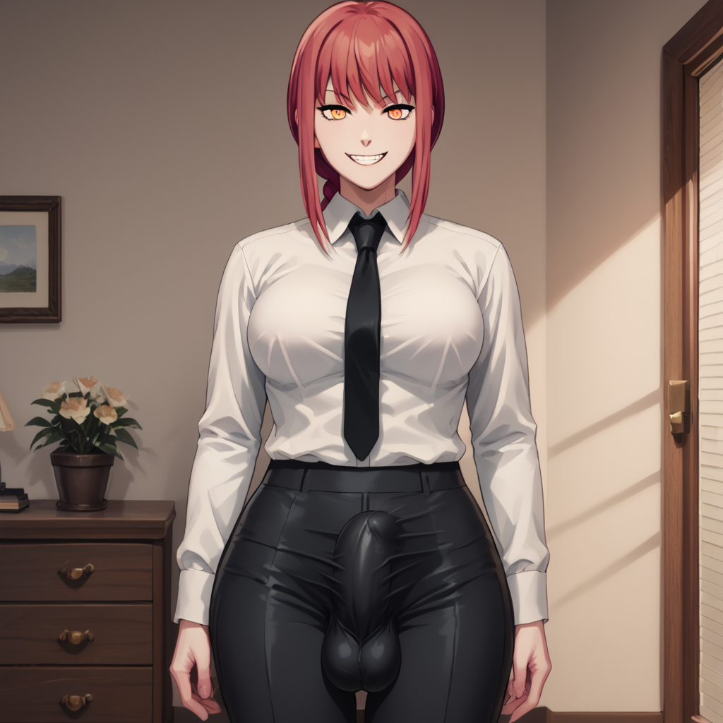 1futa, ai generated, big penis, black pants, bulge, chainsaw man, erect penis, erection, evil grin, futa only, futa sans pussy, futanari, happy, huge cock, intersex, macorony, makima (chainsaw man), office lady, penis, penis outline, red hair, ringed eyes, smile, smiling, smiling at viewer, solo, standing