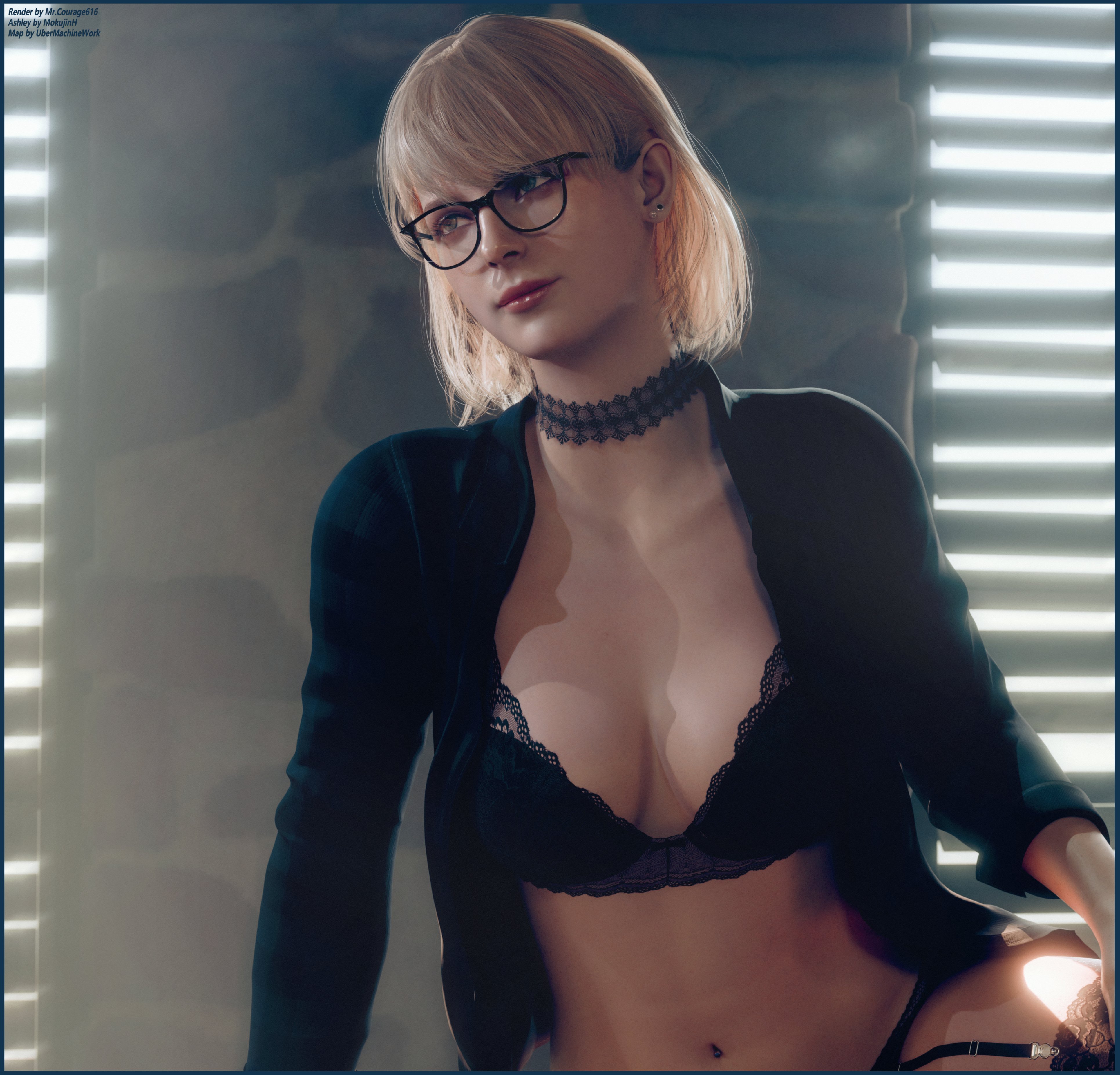 1girls, 3d, ashley graham, bed, bedroom, big breasts, blonde hair, blue eyes, breasts, busty, capcom, choker, cleavage, earrings, female, female focus, female only, garter belt, garter straps, glasses, hourglass figure, light skin, light-skinned female, makeup, mrcourage616, navel, navel piercing, open shirt, panties, piercing, pinup, pinup pose, resident evil, shirt, short hair, solo, stockings, tagme, wide hips