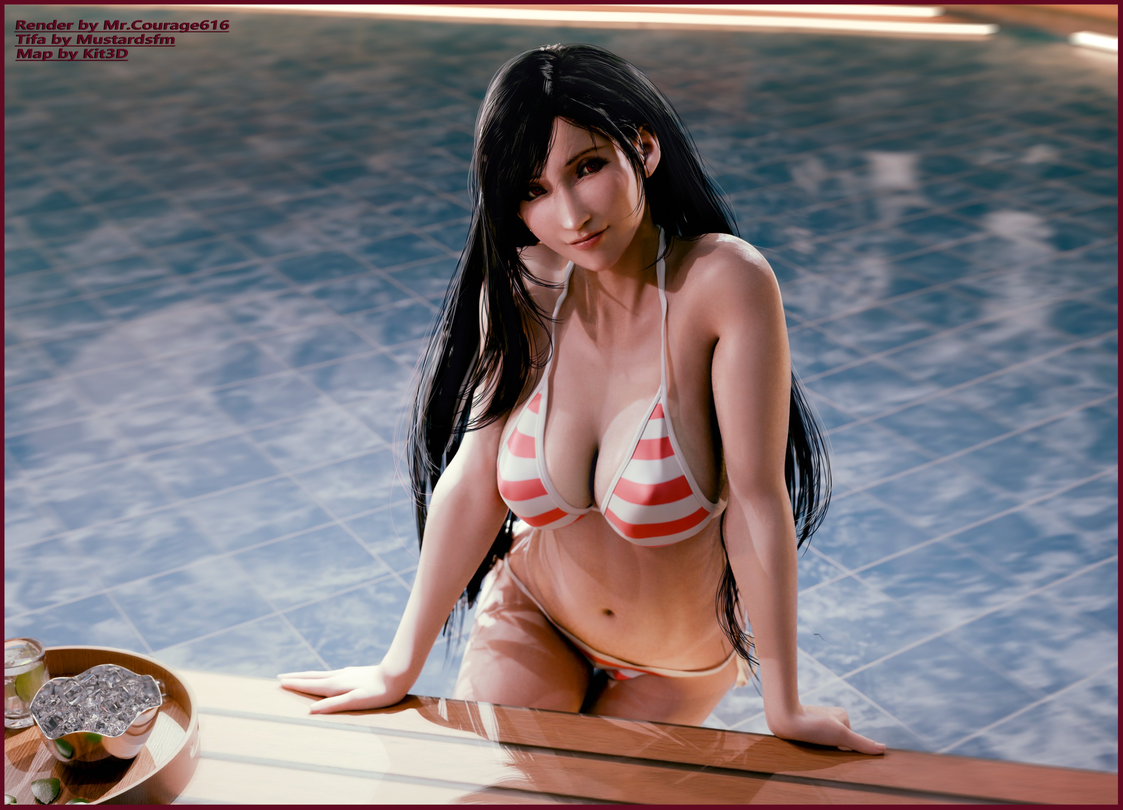 3d, big breasts, bikini, black hair, breasts, busty, cleavage, female, female focus, female only, final fantasy, final fantasy vii, hourglass figure, large breasts, long hair, makeup, mrcourage616, navel, pool, red eyes, striped bikini, tagme, tifa lockhart, wide hips