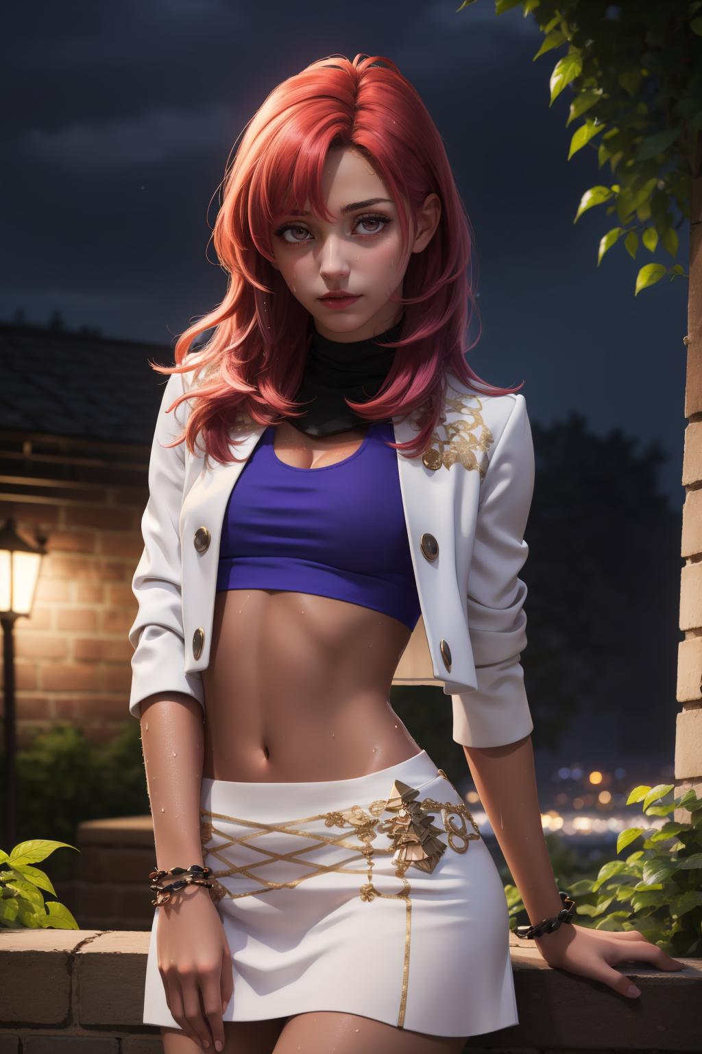 1girls ai_generated blue_crop_top brick_wall clothed clothed_female crop_top cropped_jacket dark-skinned_female dark_skin facing_viewer female fire_emblem fire_emblem:_three_houses hapi_(fire_emblem) looking_at_viewer midriff navel night nighttime outdoors red_eyes red_hair sky solo solo_female wet_skin