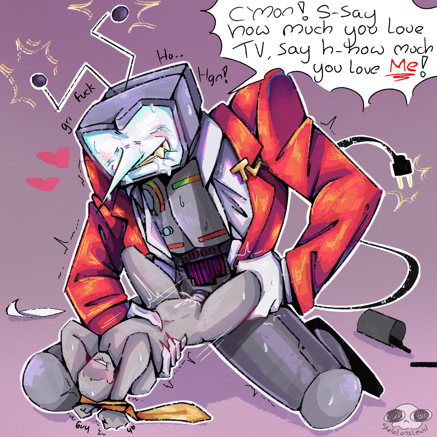 1boys, 2d, 2d (artwork), ambiguous gender, anon, anonymous female, antennae, baring teeth, belly bulge, biting lip, black shoes, blush, blushing, blushing at partner, bondage, bottomless, bottomless male, bound, bound wrists, bulge, button down shirt, clenched teeth, color, colored, crt, deltarune, deltarune chapter 3, dialogue, digital media (artwork), drool on face, drooling, duo, electric plug, english dialogue, english text, exposed chest, exposed wires, fangs, genital fluids, grabbing, grabbing another's leg, grabbing chest, grabbing leg, grabbing thigh, grey skin, grunting, holding, holding another, holding waist, humanoid, humanoid genitalia, humanoid penetrating, humanoid penis, i love tv, kneeling, lapel pin, long sleeves, looking down, looking down at another, looking down at viewer, male, male focus, male penetrating, male penetrating ambiguous, moaning, moaning in pleasure, mostly nude, mostly nude male, no eyes, non-human, object head, on knees, onomatopoeia, panting, part of a set, parted lips, partially clothed, partially clothed male, penetration, penis, plug tail, pointy nose, power cord, power imbalance, profanity, red suit jacket, robot, robot humanoid, robot joints, robot penis, sex, shaded, sharp fingernails, sharp nails, sharp teeth, shoes, size difference, skeletonslewd, speech bubble, stuttering, suit, suit jacket, tail, taller male, television, television screen, tenna (deltarune), text, tie, tied up, tied wrists, tv, tv head, unbuttoned shirt, undone shirt, video game character, video games, white shirt, wires, womb bulge