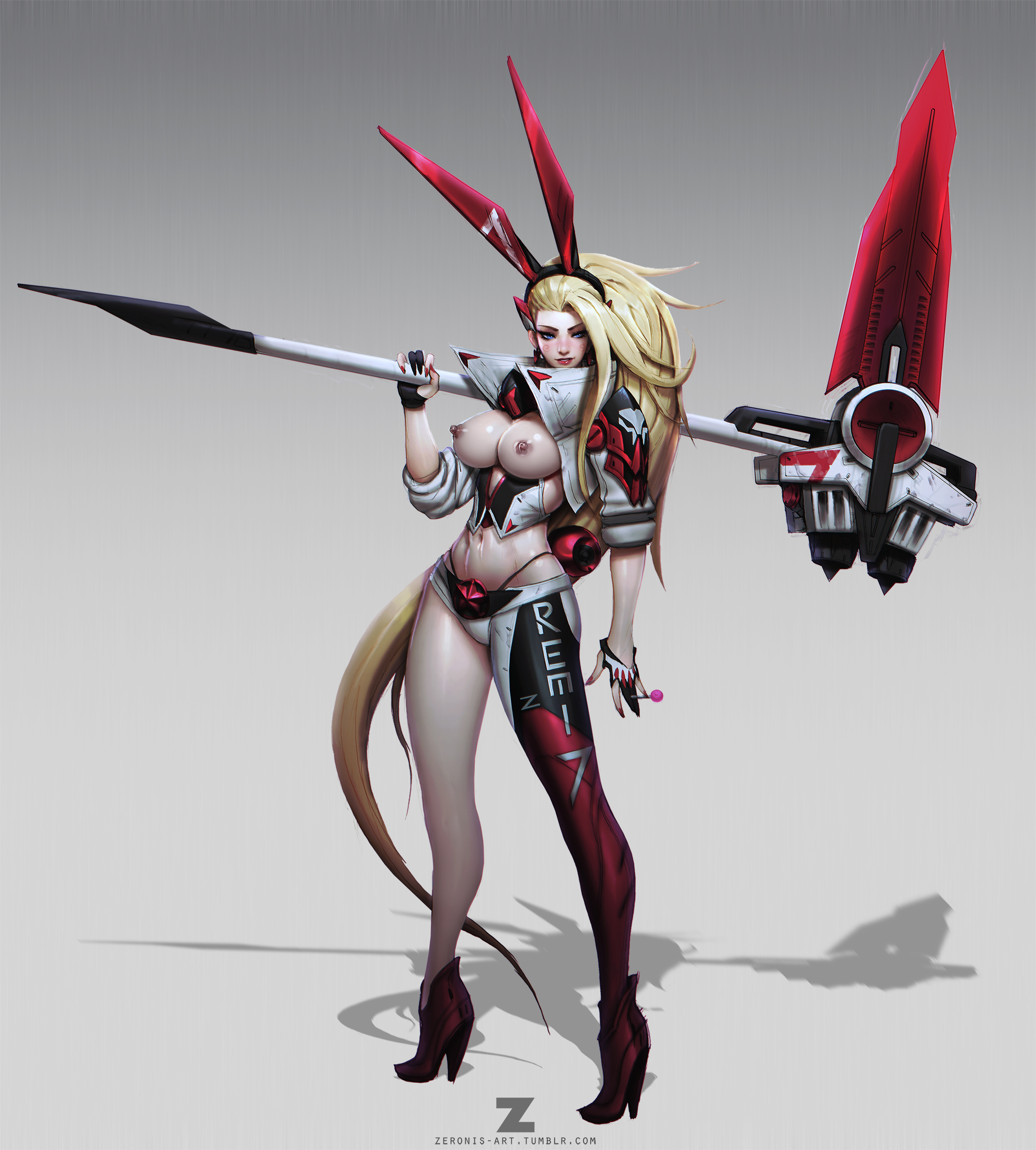 blonde hair, blue eyes, blush, breasts, female, large breasts, nipples, solo, standing, weapon, zeronis