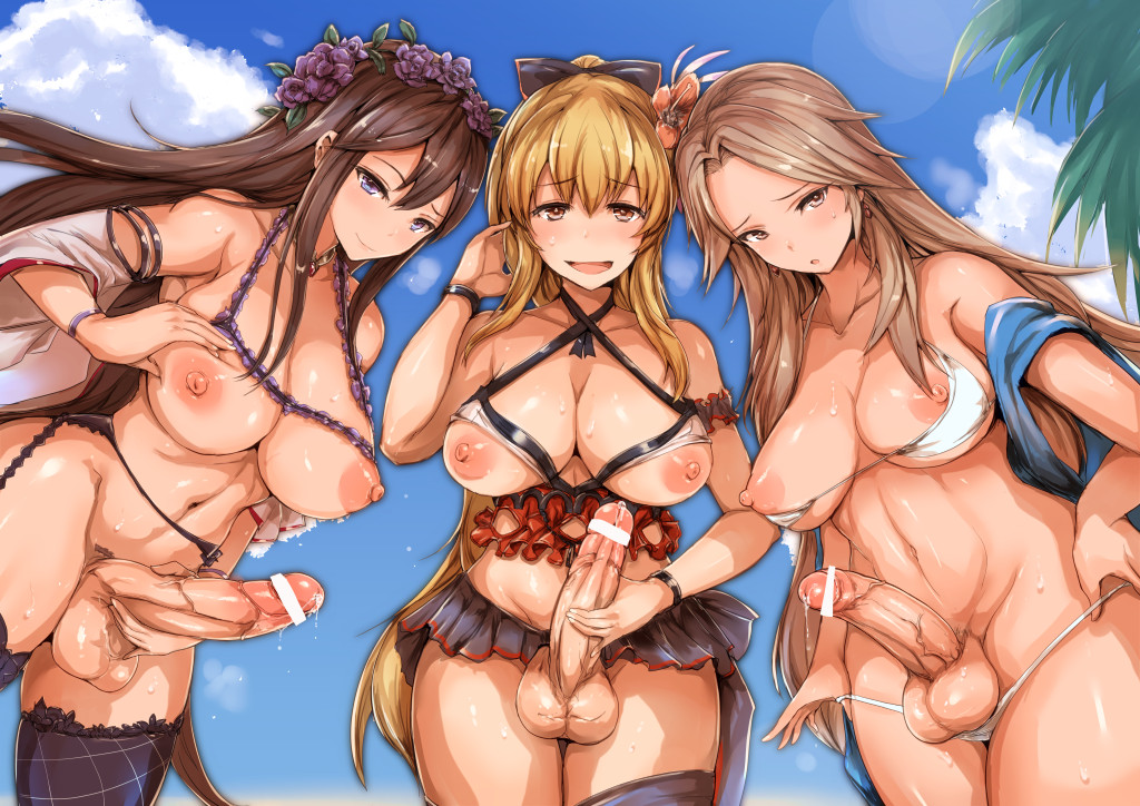 3girls :d areola bikini bimbo blonde_hair blue_eyes blue_sky breasts brown_eyes brown_hair busty censored cleavage cloud erection futa_only futanari garter_belt garter_straps granblue_fantasy hair hair_flower hand_on_hip intersex katalina_aryze long_hair multiple_girls navel nipples open_mouth palm_tree penis penis_under_skirt precum purple_eyes rosetta_(granblue_fantasy) sky smile swimsuit testicles thighhighs tree ubanis vira_lillie voluptuous white_bikini