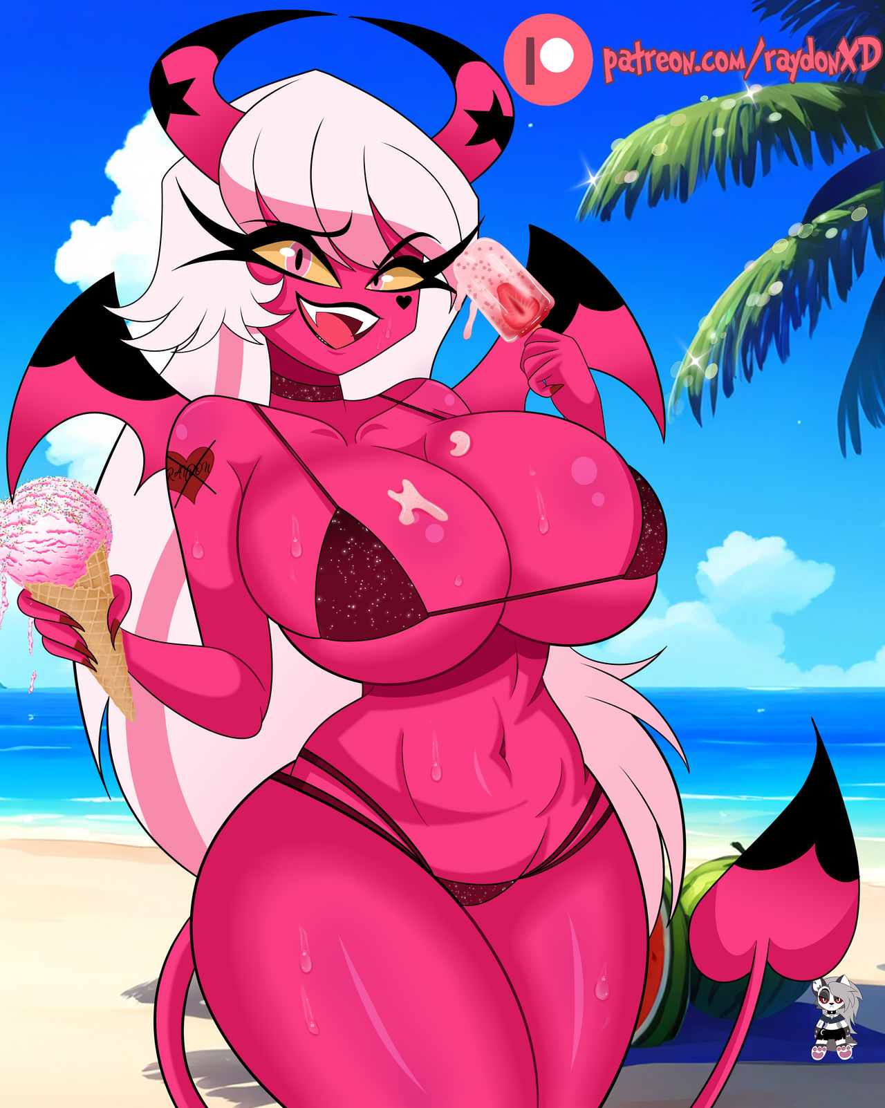 1girls, bare arms, bare legs, bare shoulders, bare thighs, beach, big breasts, bikini, bikini bottom, bikini top, breasts, clothed, clothing, color, demon, demon girl, female, female focus, female only, helluva boss, hi res, ice cream, large breasts, long hair, looking at viewer, pink body, pink eyes, pink skin, raydonxd, sand, sea, solo, solo female, succubus, succubus horns, succubus tail, succubus wings, tagme, tattoo, thick thighs, verosika mayday, verosika mayday (helluva boss), vivienne medrano, water, white hair