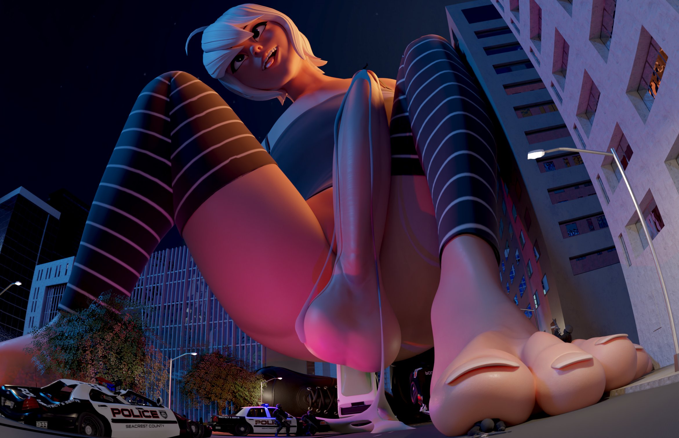 1boy, 3d, balls, big balls, big penis, bottomless, bus size penis, city, clothing, destruction, erect penis, erection, feet, femboy, giant, giant femboy, giant male, girly, huge cock, kaiju shot, kaiju view, light skin, light-skinned male, macro, male, male focus, male only, penis, poggermeister, precum, precum drip, scraggle, size difference, testicles, thighhighs, white hair