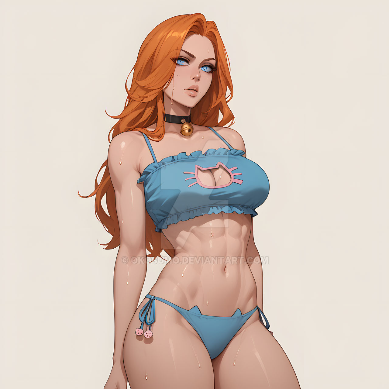 1girls, ai generated, bell, bell choker, bleach, blue eyes, boob window, breasts, choker, cleavage, collar, curvaceous, curvaceous body, curves, curvy, curvy body, curvy female, curvy figure, deviantart, exposed breasts, female, female only, ginger hair, hourglass figure, inner sideboob, light skin, light-skinned female, matsumoto rangiku, milf, okosumo, orange hair, red hair, sideboob, solo, solo female, voluptuous, voluptuous female, watermark