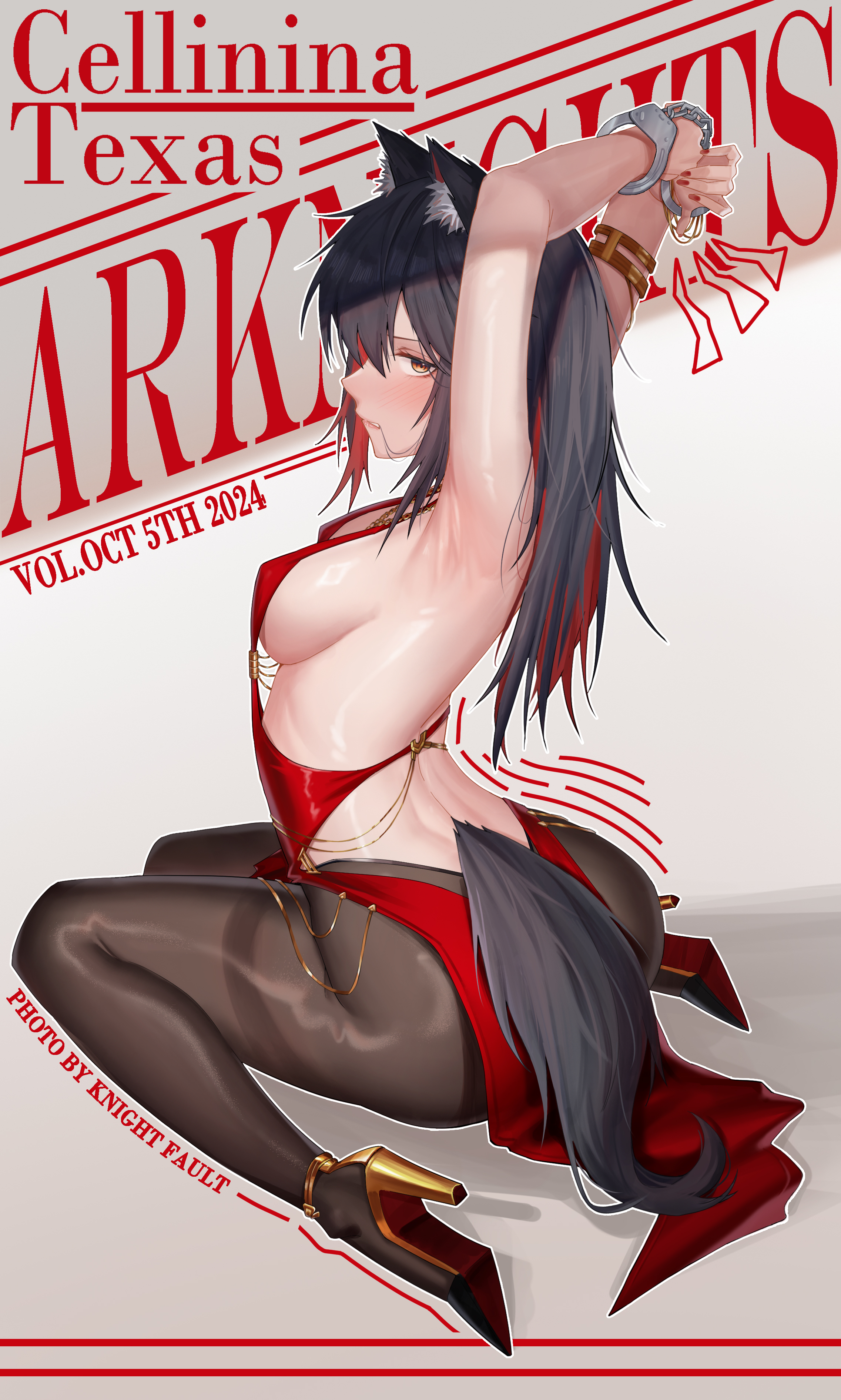 1girls, 2024, animal ear fluff, animal ears, arknights, armpits, arms behind back, arms up, artist name, artist signature, bare back, black hair, blush, bondage, bound, breasts, cuffs, female, female only, femsub, fully clothed, hi res, high heels, kemonomimi, knightfault, light skin, light-skinned female, long hair, looking at viewer, looking back, medium breasts, no bra, no panties, pantyhose, simple background, solo, tail, texas (arknights), tied, tied hands, tied up, virgin killer sweater, wolf ears, wolf girl, wolf tail, yellow eyes