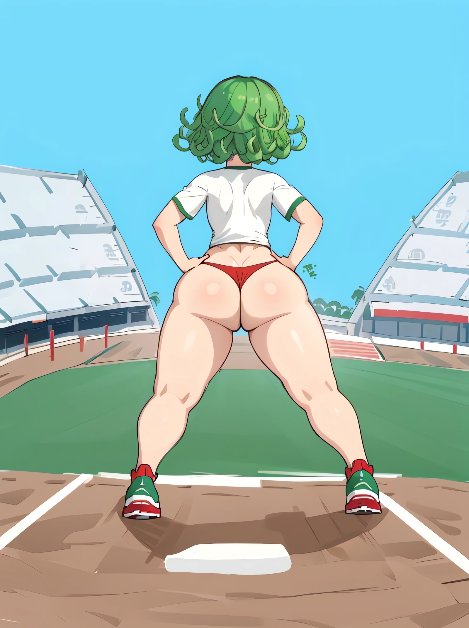 1girls, ai generated, ass, female, green eyes, green hair, gym uniform, looking back, one-punch man, solo, stadium, tatsumaki