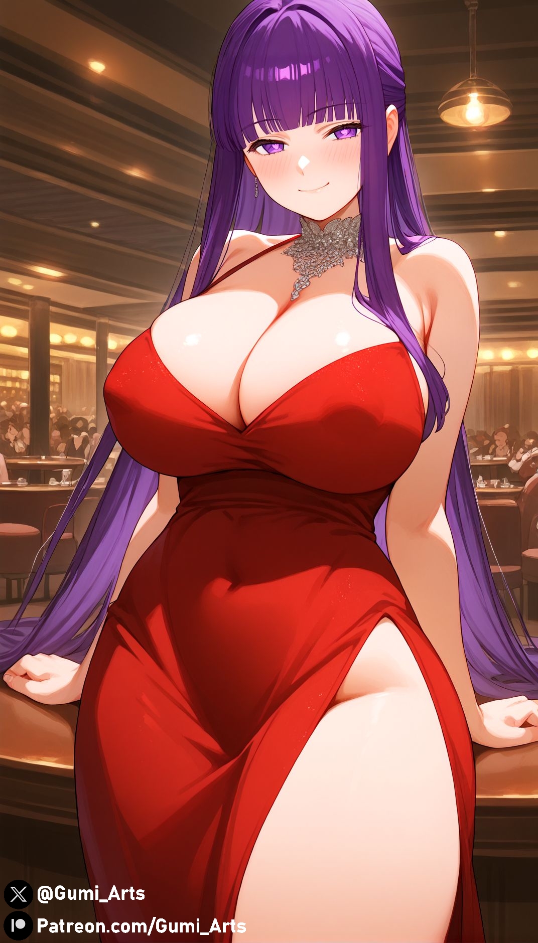 ai generated, big breasts, blush, breasts, bright pupils, cleavage, collar, covered navel, covered nipples, dress, female, fern (sousou no frieren), gumi arts, large breasts, long hair, looking at viewer, mommy, naughty face, nightclub, purple eyes, purple hair, red dress, smile, sousou no frieren, stable diffusion, thick thighs, wide hips