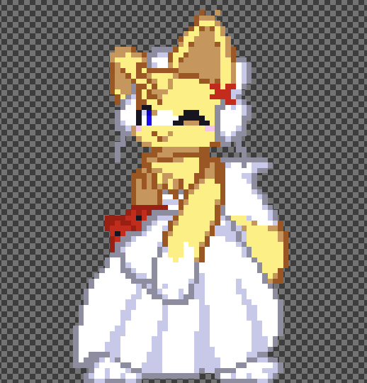 anthro blush fluffy_tail fox_ears fox_girl furry holding_flowers not_porn pixel_art red_flowers spookicookie wedding_dress winking_at_viewer