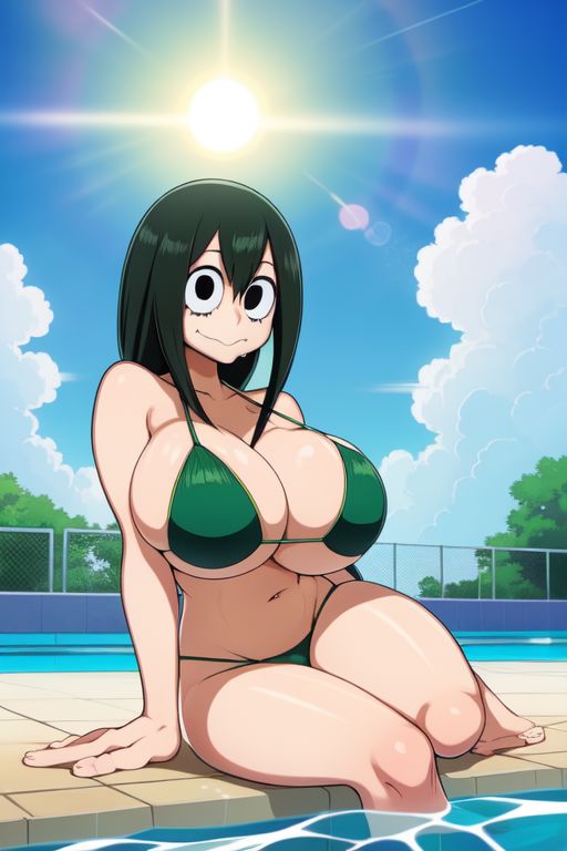 ai generated, bikini, breasts, female, fence, green bikini, green hair, huge breasts, my hero academia, pool, tsuyu asui