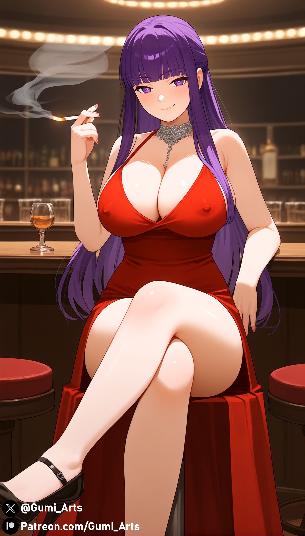 ai generated, blush, breasts, bright pupils, cigarette, cleavage, collar, covered nipples, crossed legs, dress, female, fern (sousou no frieren), gumi arts, high heels, holding cigarette, large breasts, long hair, looking at viewer, mommy, naughty face, nightclub, purple eyes, purple hair, red dress, sitting, smile, smoke, sousou no frieren, stable diffusion, thick thighs, wide hips
