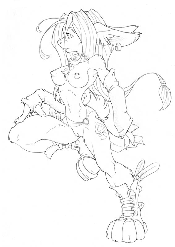 2006 anthro black_and_white boots breasts claws clothed clothing ear_piercing eyebrows eyelashes female footwear grey_eyes hair jewelry lagomorph mammal monochrome navel necklace nipples piercing pussy rabbit simple_background sketch solo symbol traditional_media_(artwork) white_background white_sclera wolfy-nail