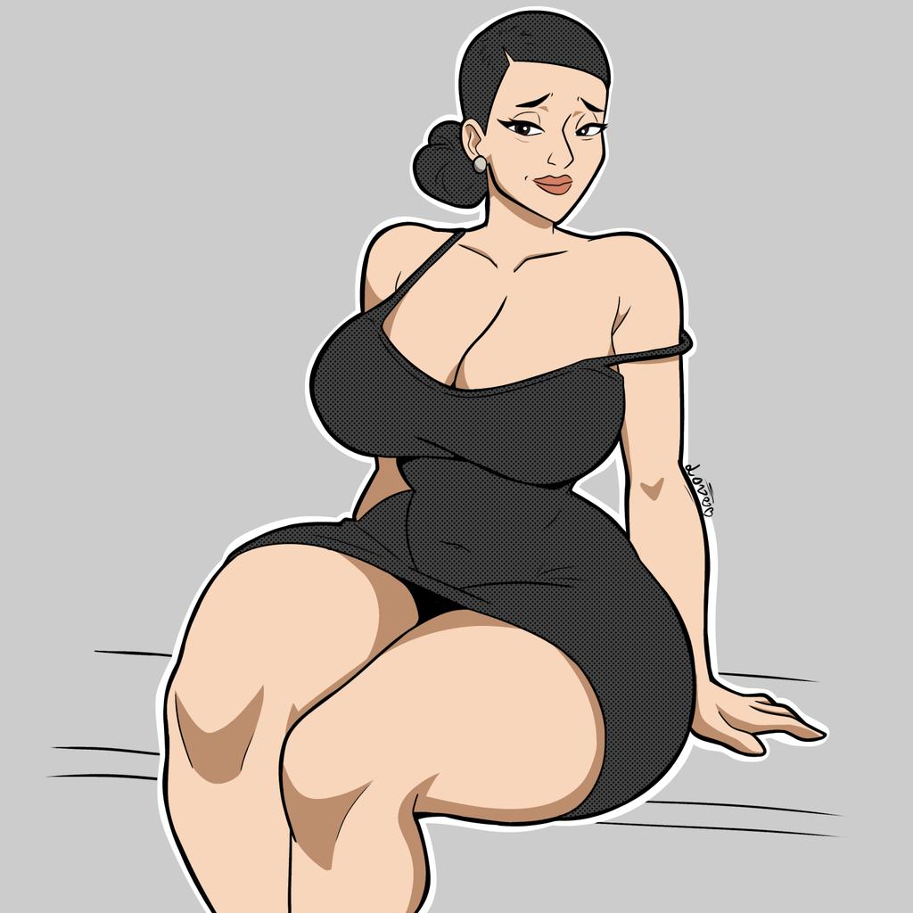 big breasts, big thighs, big titties, black hair, breasts, clothed, clothed female, clothing, curvaceous, curvaceous female, curvaceous figure, curvy, curvy figure, curvy hips, debbie grayson, female, female focus, fully clothed, hair bun, hand on hip, invincible, invincible (tv series), love dead man, milf, purple eyes, solo, wide hips
