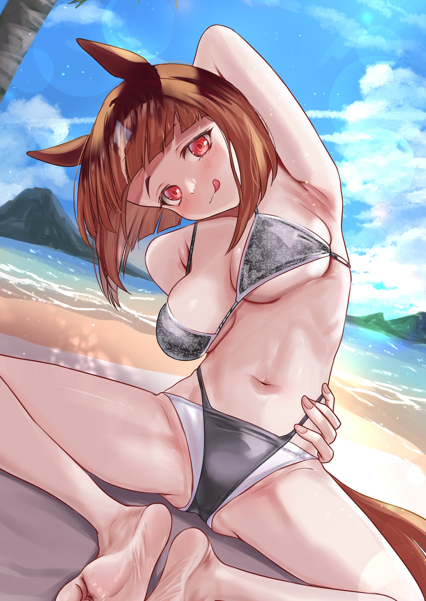 animal ears, armpits, belly button, bikini, cygames, feet, red eyes, red hair, short hair, stretching, tounge out, transcend (umamusume), umamusume
