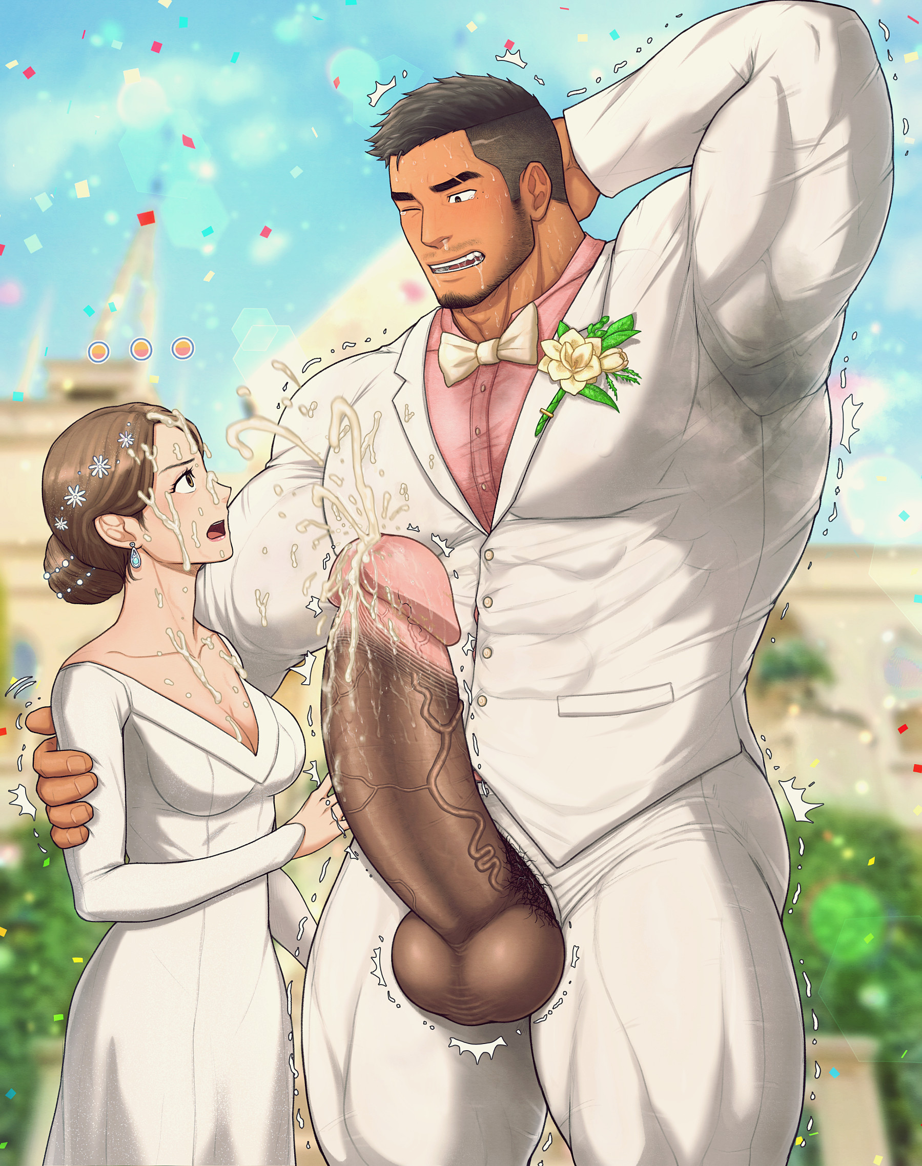 1boy, 1girls, abs, arms up, balls, balls out, beard, beauty mark, beefy, biceps, big abs, big balls, big hands, big penis, blurry background, blush, bowtie, breasts, bride, brown eyes, brown hair, bun hair, church, clenched teeth, closed eyes, collarbone, confetti, corsage, cum, cum on face, cum on hair, earrings, enormous penis, erect nipples, erection, eyebrow scar, eyelashes, female, foreskin, foreskin folds, frenulum, fully retracted foreskin, gay, gigantic penis, grin, groom, hair on penis, hand on back, hands behind head, happy, height difference, hi res, huge breasts, huge cock, hunk, husband and wife, laugh, long hair, long penis, male, male breasts, male focus, male with breasts, manly, married couple, mature male, mole, mole under eye, morning, muscles, muscular, muscular arms, muscular legs, muscular male, muscular thighs, mustache stubble, nipples visible through clothing, offscreen character, one eye closed, oppai, original, original character, pecs, penis, penis bigger than arm, penis bigger than breasts, penis bigger than head, penis bigger than torso, penis out, pink glans, pubic hair, quadriceps, retracted foreskin, shaved side, sideburns, six pack, size difference, smegma, smegma in foreskin, soiled outfit, straight, sweat, sweatdrop, sweaty armpits, tall, taller male, thick, thick arms, thick eyebrows, thick legs, thick neck, thick penis, thick thighs, tight clothing, time stop, toto (artist), tough guy, triceps, tuxedo, uncensored, uncircumcised, uncut, unzipped, unzipped pants, veiny penis, wedding dress