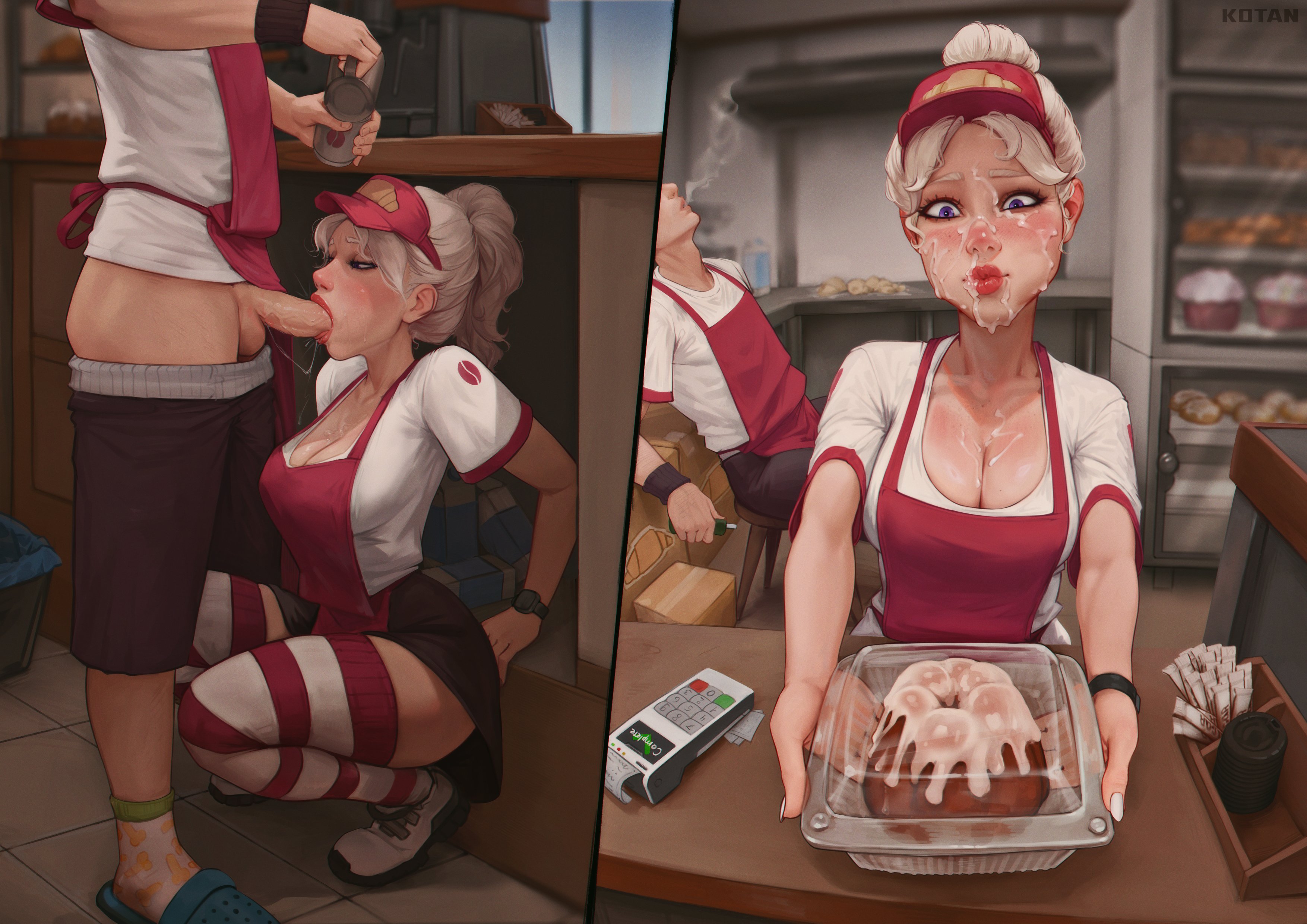 1boy, 1girls, 2d, bakery, blowjob, cum, cum on face, cum on food, eyeless male, fellatio, hidden sex, kotan, light skin, light-skinned female, light-skinned male, oral, oral penetration, oral sex, original, original character, secret sex, stealth sex, work, work uniform, workplace
