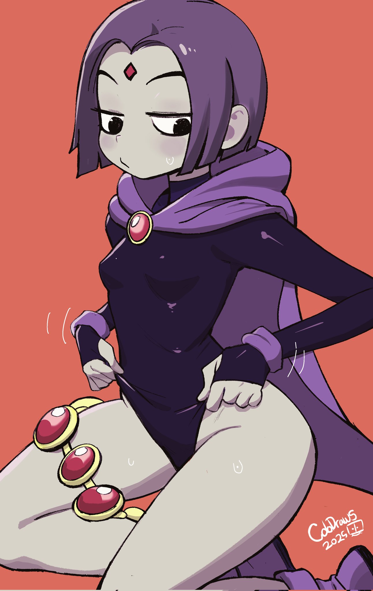 breasts, cape, colo, colodraws, dc, dc comics, female, female only, purple hair, raven (dc), small breasts, solo, solo female, superheroine, teen titans, tight clothing, white body
