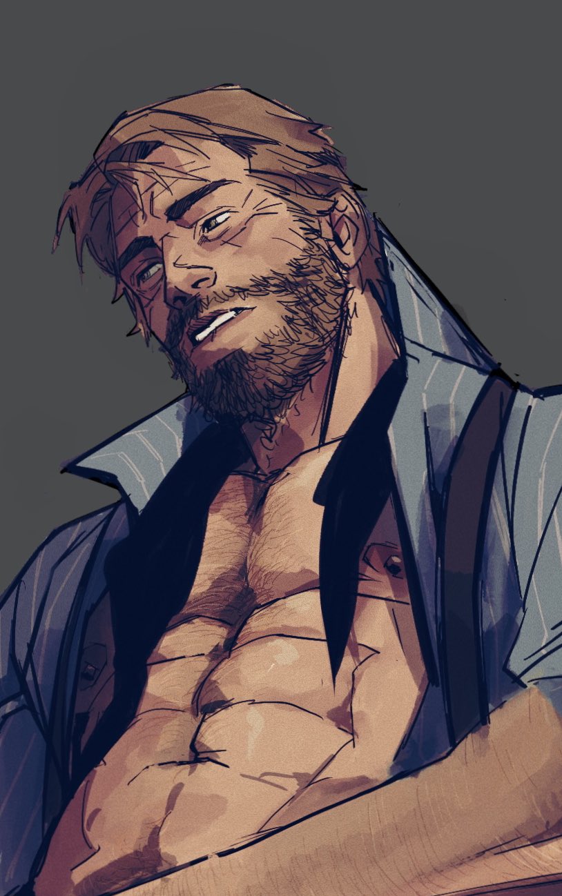 1boy, abs, arm hair, arthur morgan, bara, beard, beard stubble, beefy, blue clothing, blue shirt, bonjourdraws, breasts, chest hair, clothed, color, facial hair, hair, male, male only, man boobs, moobs, muscles, muscular, muscular male, neckerchief, nipples, no sex, no visible genitalia, pecs, red dead redemption (series), red dead redemption 2, sfw, striped clothing, suggestive, unbuttoned, unbuttoned shirt, yaoi