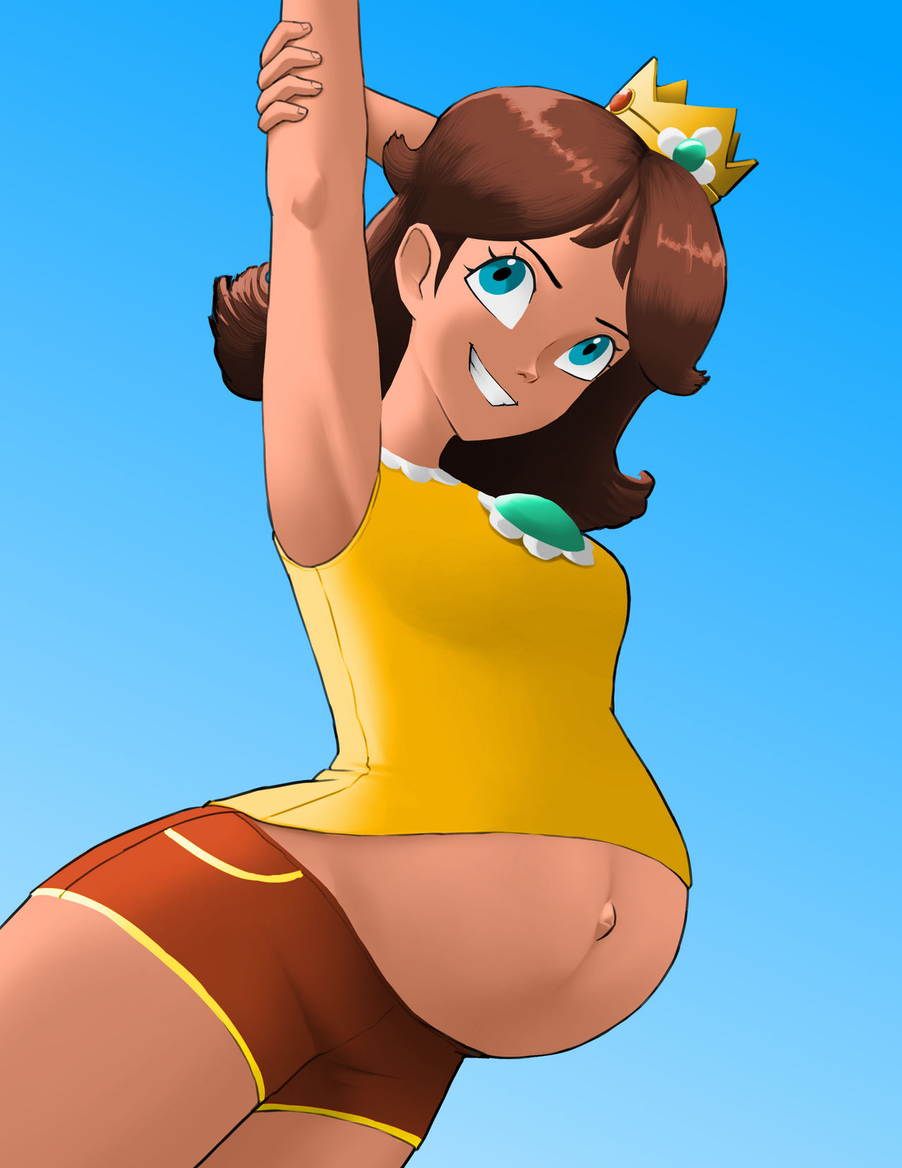 almeram02, blue eyes, brown hair, brunette female, female, mario (series), nintendo, pregnant, pregnant belly, pregnant female, princess daisy, royalty, super mario bros.