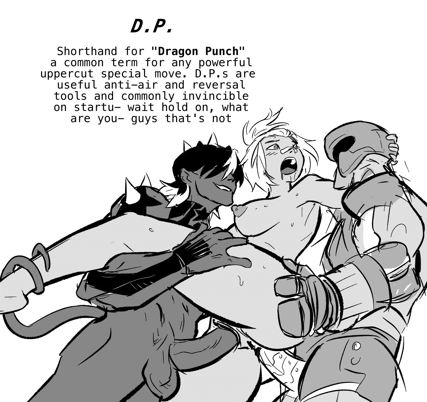 1girls, 2boys, anal, beck (spicymancer), breasts, double penetration, drooling, english text, female, female penetrated, humanoid, humanoid penetrating, killian king, male, male penetrating, male penetrating female, mmf threesome, monochrome, open mouth, penis, penis in ass, penis in pussy, pussy, rumble after dark, sex, shoto (spicymancer), spicymancer, straight, tail, tail around leg, tan-skinned female, threesome, vaginal penetration
