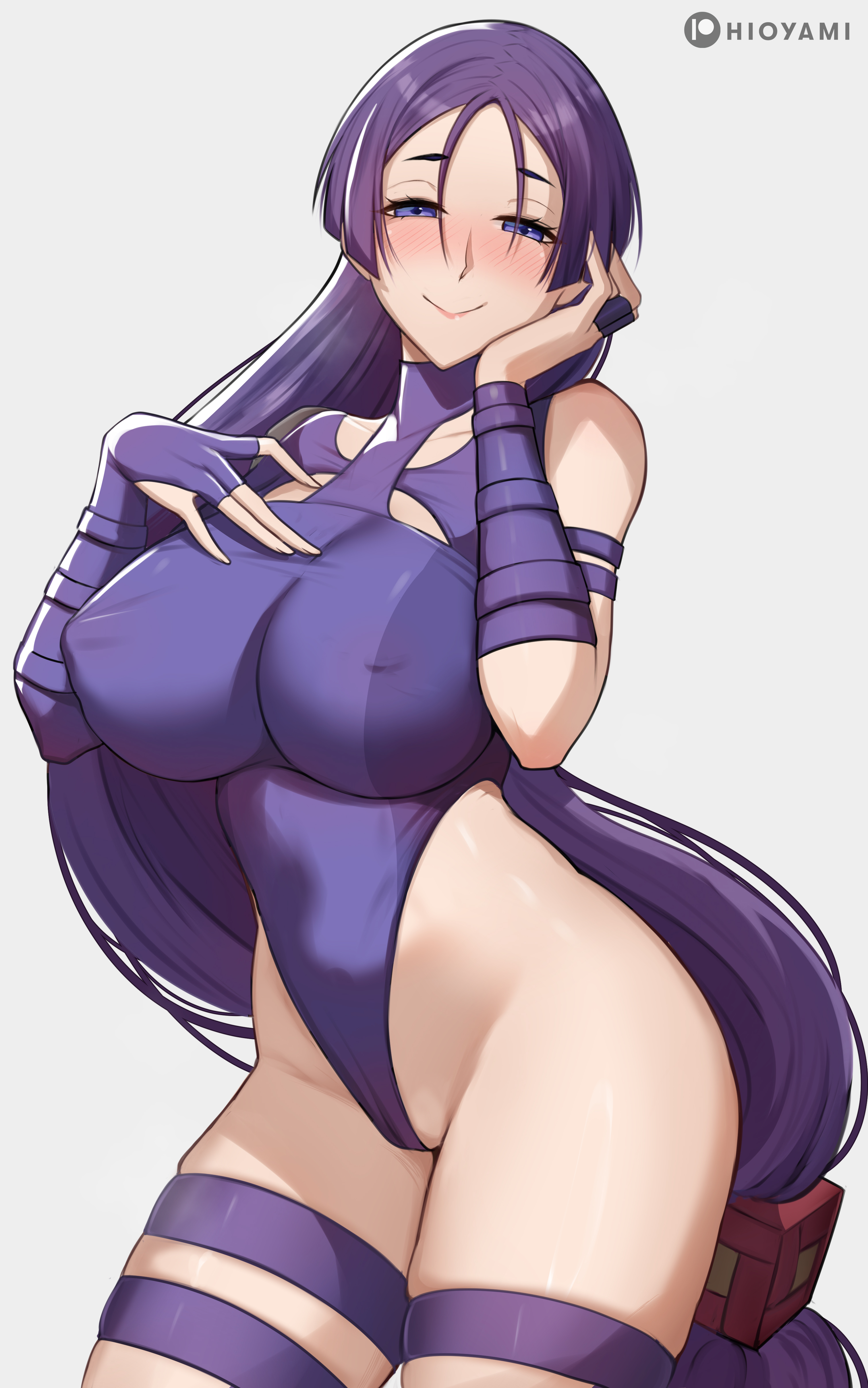 1girls, alternate version at source, alternate version available, ass, big ass, big breasts, blush, blushing at viewer, breasts, cosplay, curvaceous, curvy, curvy female, fate (series), fate/grand order, female, female only, fully clothed, hioyami, huge breasts, large breasts, leotard, light skin, light-skinned female, long hair, marvel, marvel comics, marvel rivals, milf, minamoto no raikou (fate/grand order), nipple bulge, psylocke (cosplay), purple eyes, purple hair, purple leotard, pussy, slim waist, smile, smiling, smiling at viewer, solo, thick thighs, thighs, very long hair, wide hips, x-men