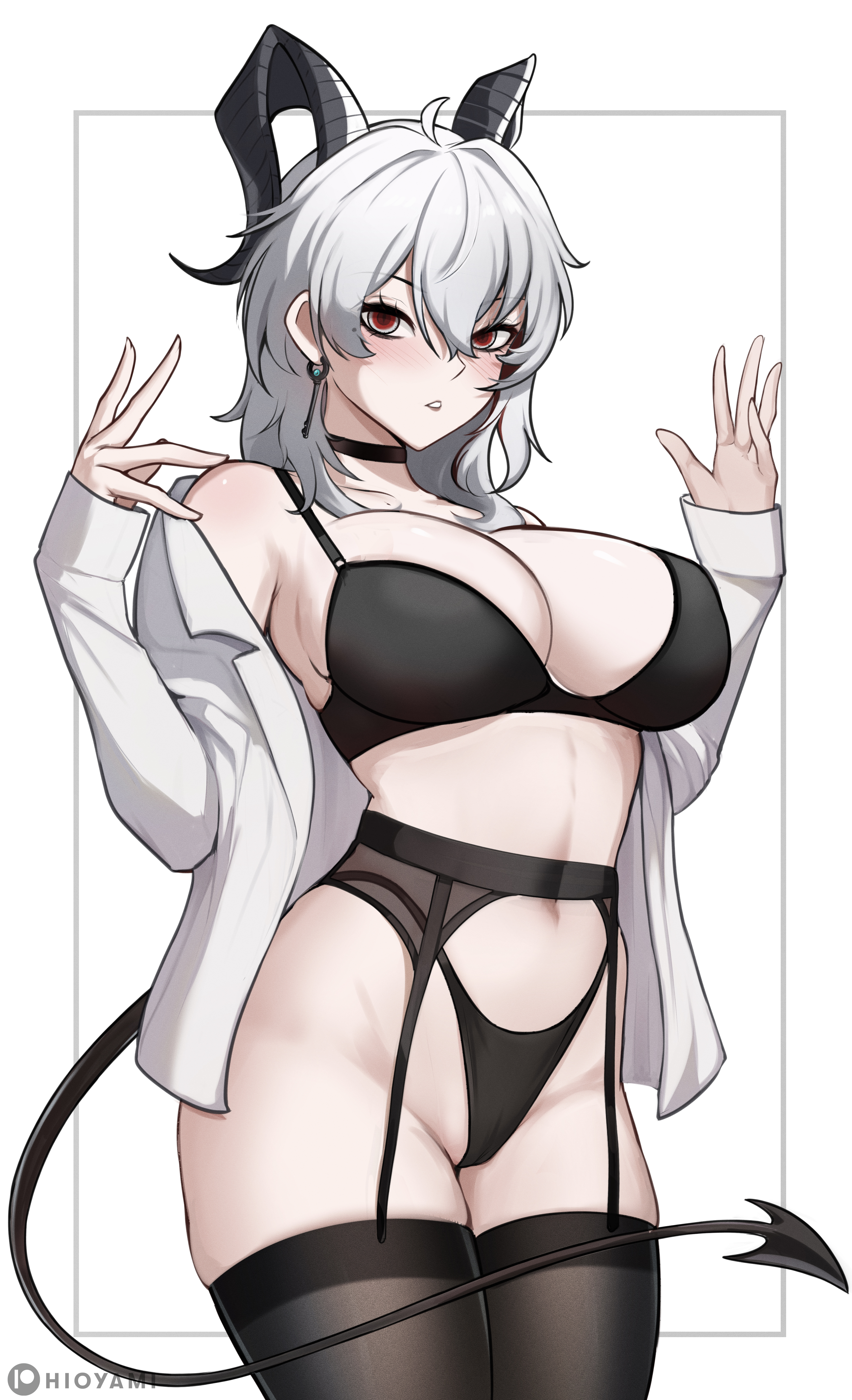 1girls, big breasts, blush, blushing at viewer, breasts, curvaceous, curvy, curvy female, female, female focus, female only, hioyami, horns, huge breasts, large breasts, light skin, light-skinned female, long hair, looking at viewer, slim waist, solo, solo female, solo focus, thick thighs, thighs, wide hips, wuthering waves, zani (wuthering waves)