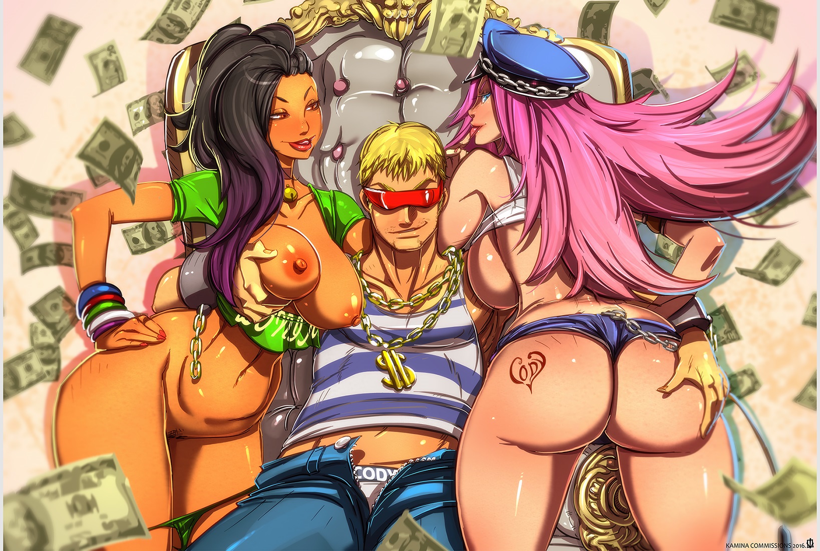 1boy, 2girls, areolae, ass, ass grab, black hair, bling, bracelet, brazilian, brazilian female, breast grab, breasts, capcom, chains, clothes, cody travers, dark skin, dark-skinned female, female, final fight, groping, human, kamina1978, large breasts, latina, laura matsuda, long hair, male, money, multiple females, multiple girls, nipples, pimp, pink hair, poison (final fight), pubic hair, shorts, side shave, straight, street fighter, tattoo, throne