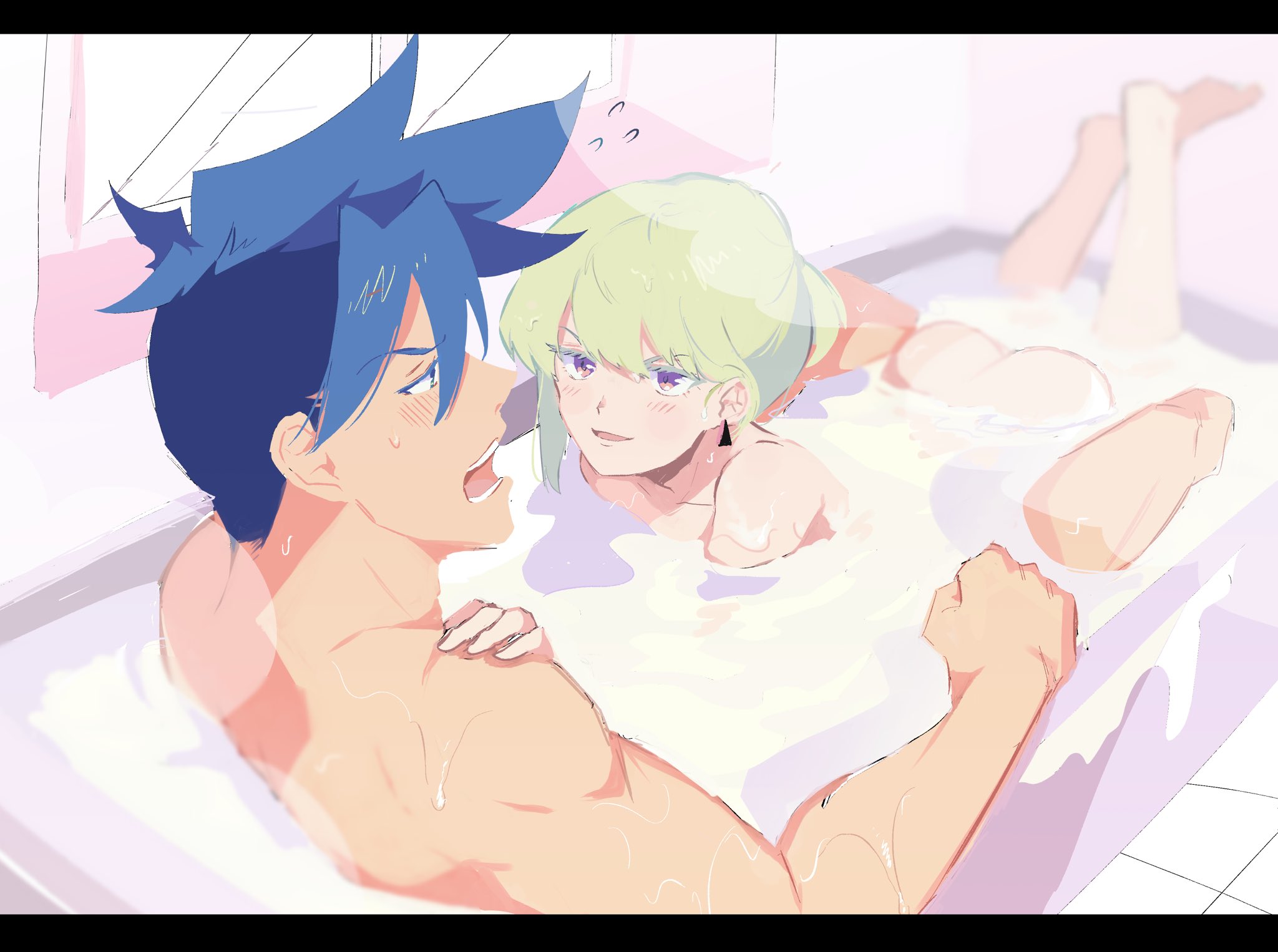 2boys, androgynous, ass, bathing, bathing together, bathtub, bedroom eyes, femboy, galo thymos, gay, half-closed eyes, lio fotia, male, promare, size difference, taking a bath, twink, yaoi