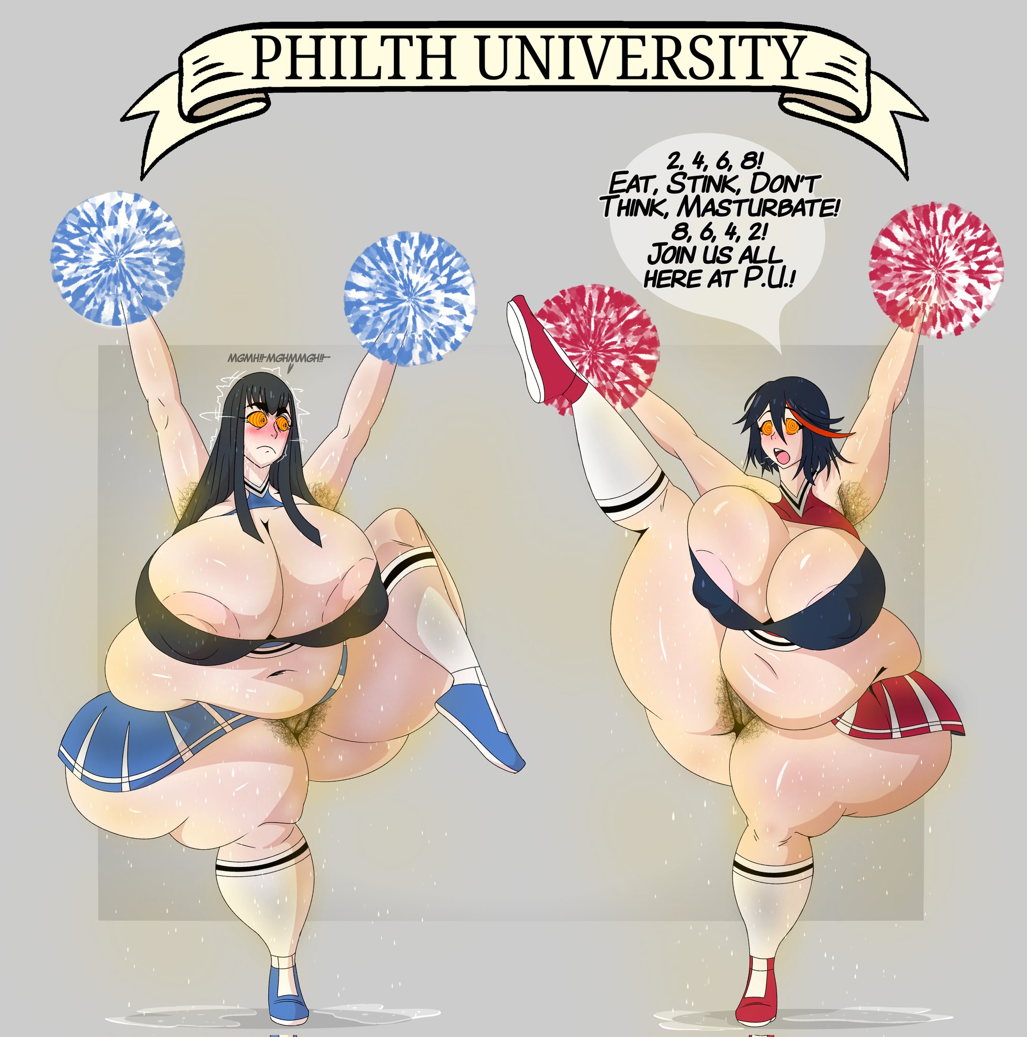 2girls, armpit hair, arms up, big ass, big butt, brainwashed, breasts, cheering, cheerleader, cheerleader uniform, fat, fat ass, fat belly, fat female, fat thighs, female, female only, grey background, hairy, hairy armpits, hairy pussy, kill la kill, kiryuuin satsuki, matoi ryuuko, mind break, mind control, mrwastemaster, musky, obese, obese female, one leg raised, one leg up, overweight, overweight female, pussy, rhyming, singing, smelly, speech bubble, standing on one leg, stinky, sweat puddle, sweaty, sweaty ass, sweaty body, sweaty breasts, sweaty butt, sweaty thighs, talking, text, thick, thick ass, thick legs, thick thighs