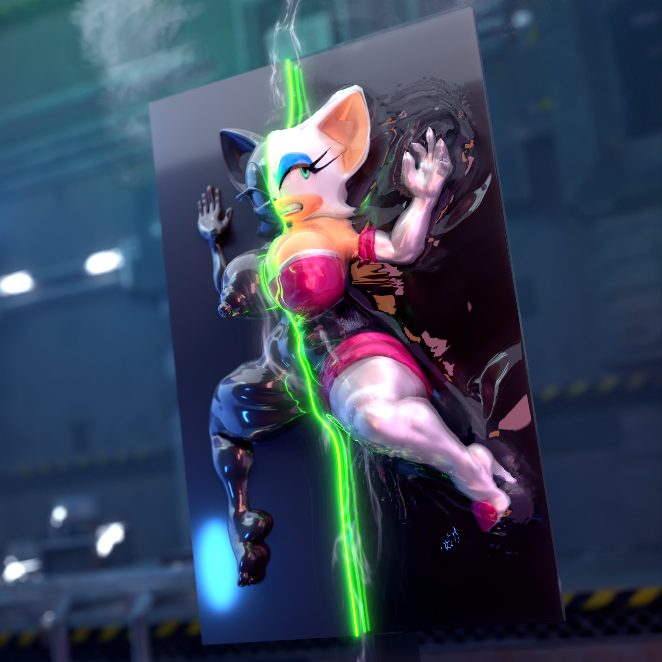 3d, 3d (artwork), 3d model, absurd res, anthro, bat, big breasts, black latex, blender (software), body outline, bound, breasts, captured, captured female, carbonite, digital media (artwork), encasement, female, genital outline, hi res, kabalmystic, latex, mammal, mobian, mobian (species), mobian bat, nipple outline, palisal, petrification, pussy, pussy outline, rouge the bat, rouge the bat (kabalmystic), sega, solo, sonic (series), sonic adventure 2, sonic the hedgehog (series), spread legs, spreading, star wars, vacuum bed
