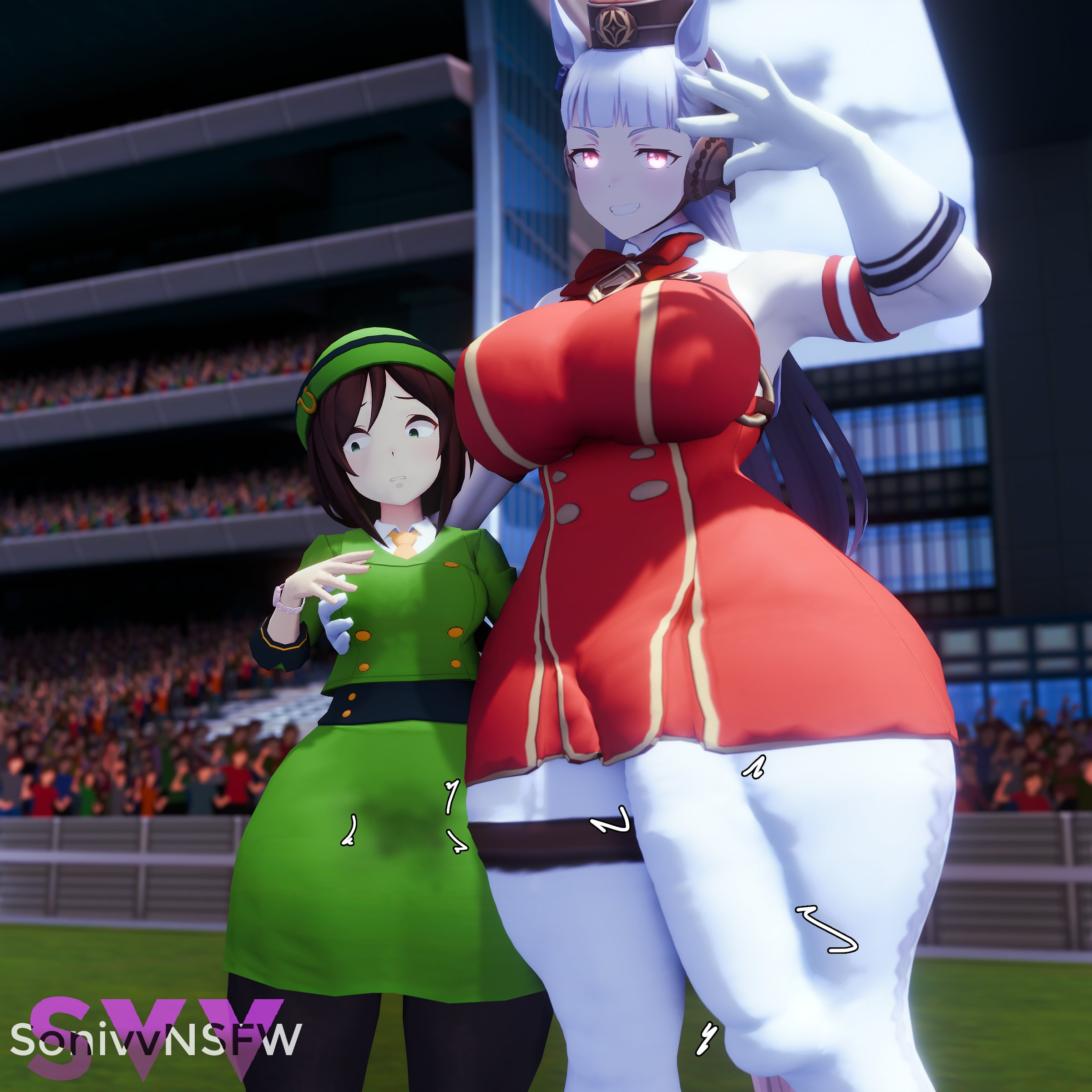1futa, 1girls, 3d, big penis, blender, breasts, bulge, bulge down leg, bulge through clothing, duo, erection, erection under clothes, female, futa with female, futanari, gigantic penis, gold ship (umamusume), hayakawa tazuna, horsecock, hourglass figure, huge breasts, huge cock, huge hips, intersex, larger futa, penis, size difference, smaller female, sonivvnsfw, standing, umamusume, umamusume pretty derby, wide hips