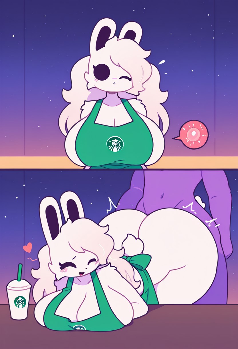ai generated, apron, ass, big ass, big breasts, breasts, cube 459 (geometry dash), female, femgram, geometry dash, impregnation, smiling at partner, starbucks
