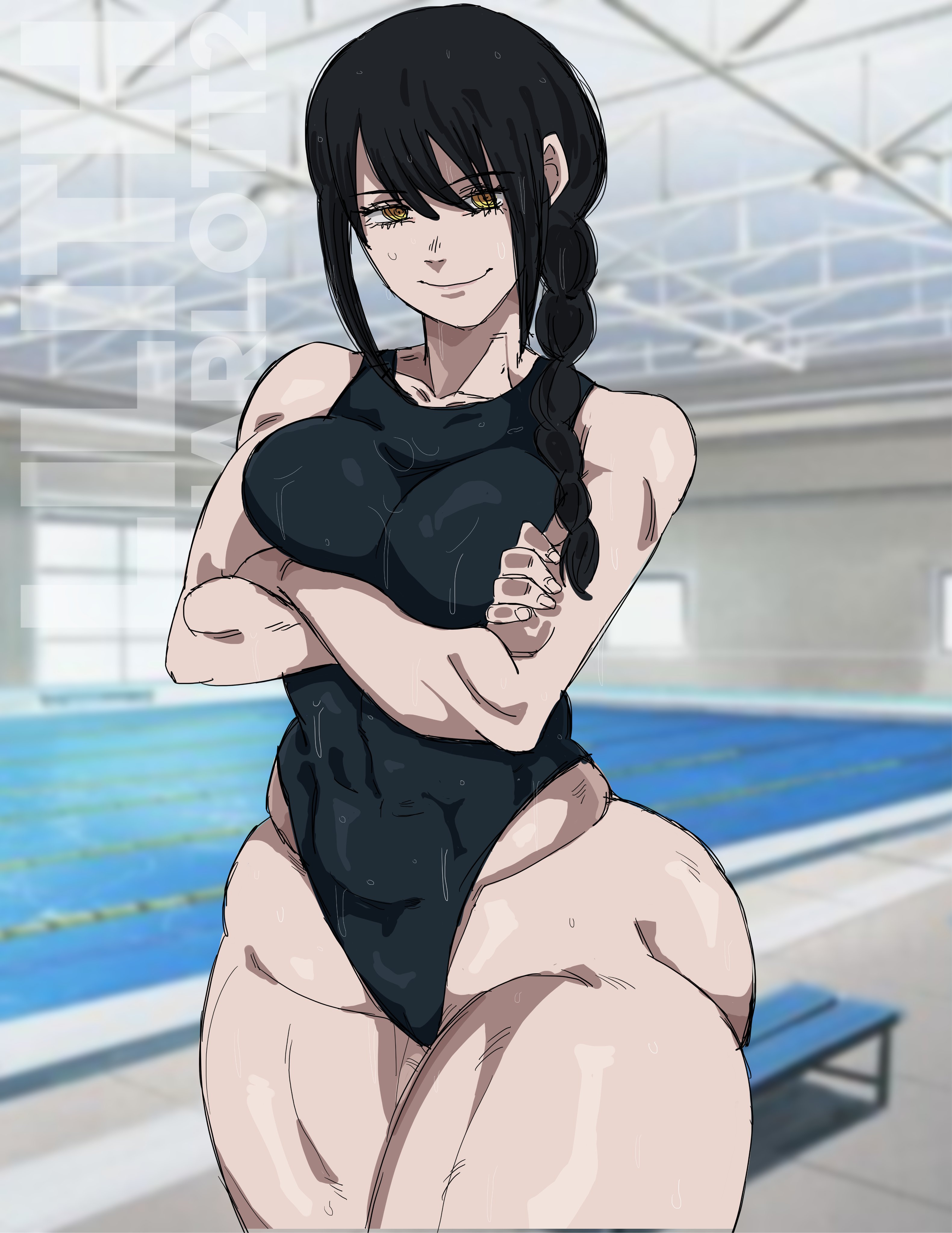 chainsaw man, huge ass, leotard, lilithcharlott2, nayuta (chainsaw man), one-piece swimsuit, swimsuit, thick thighs, wide hips
