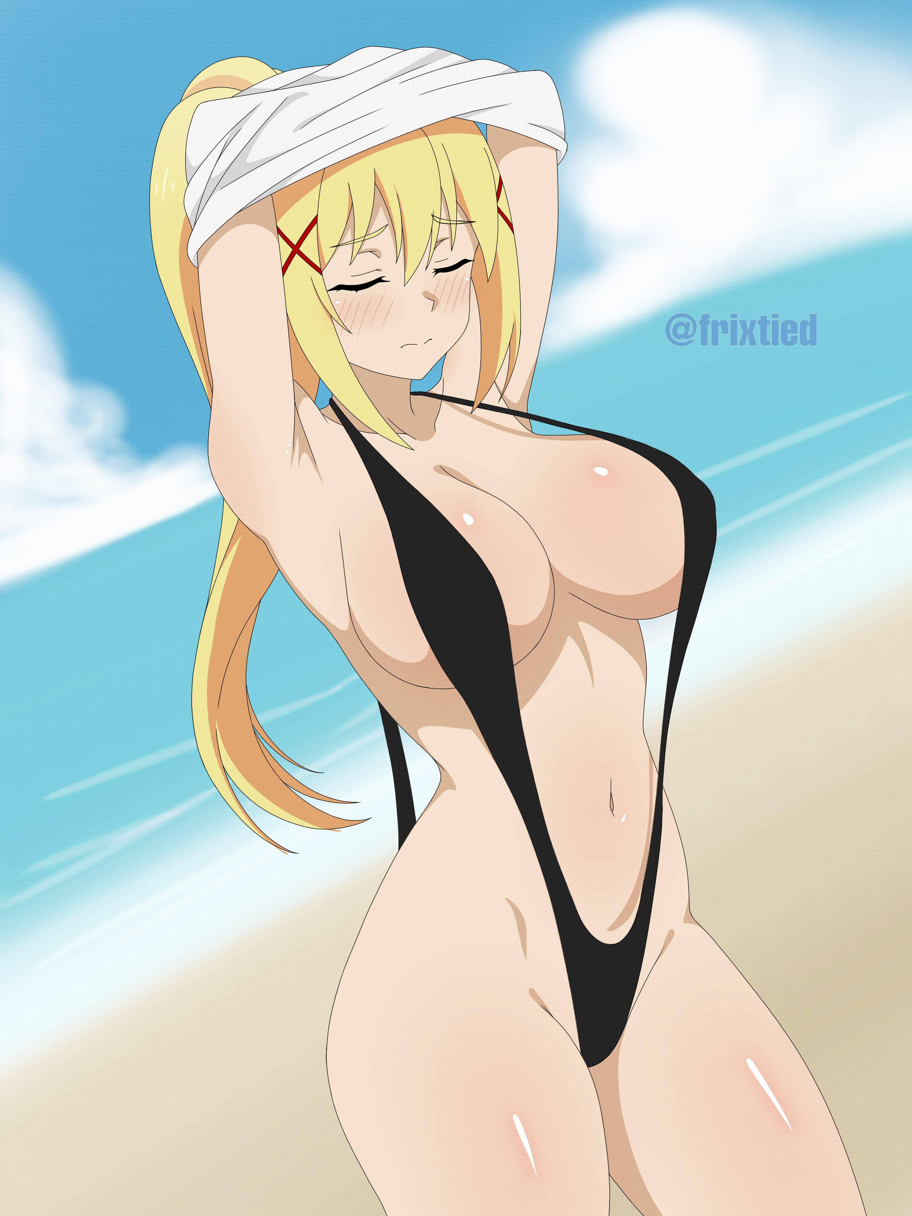 1girls, armpits, arms behind head, big breasts, bikini, bikini bottom, bikini top, blonde hair, blue eyes, blush, bottomwear, breasts, busty, cleavage, darkness (konosuba), female, female only, frixtied, hair, hips, kono subarashii sekai ni shukufuku wo!, large breasts, navel, ponytail, sensual, sexy, sexy armpits, sexy pose, solo, solo female, swimwear, thighs, voluptuous