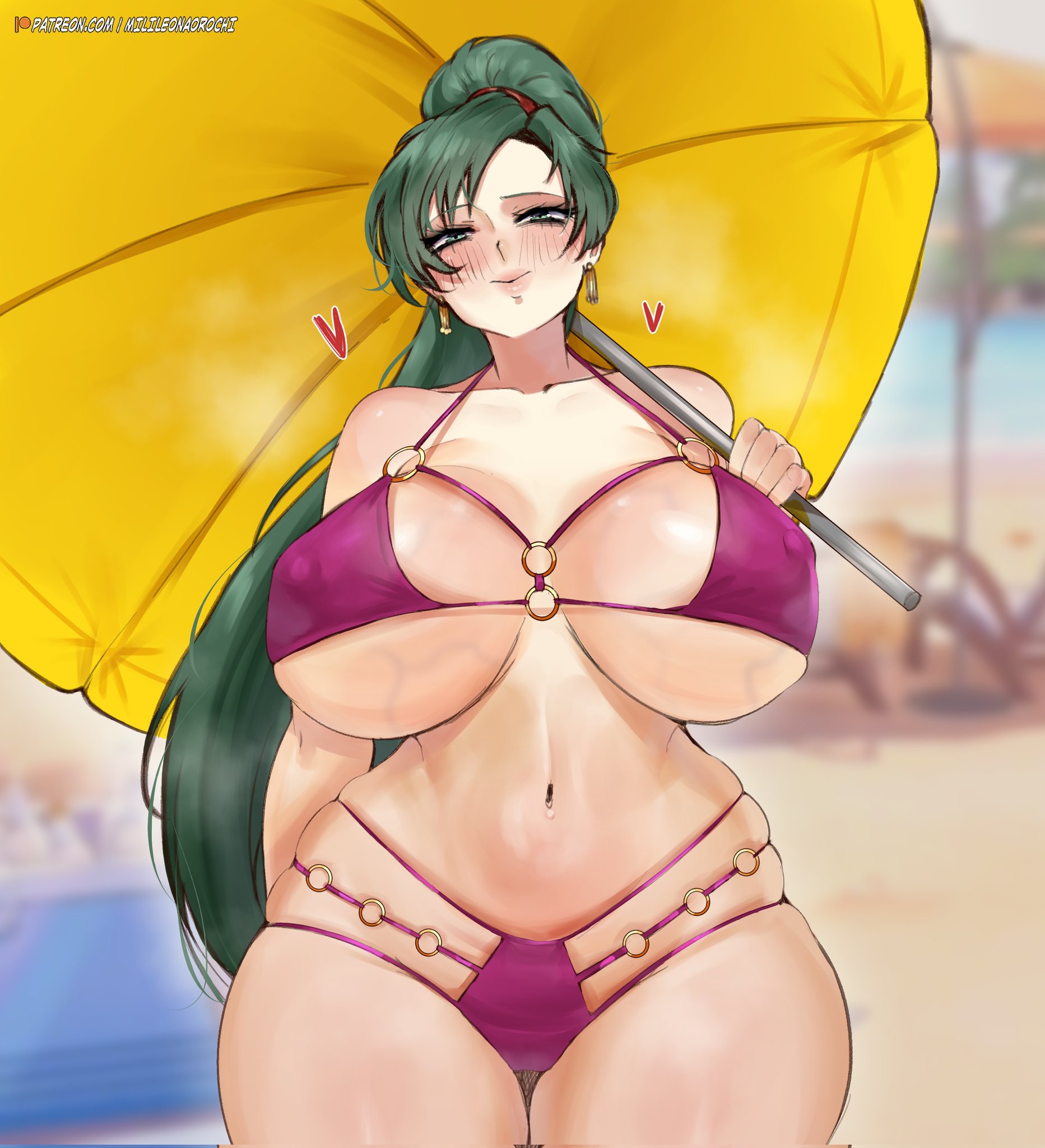 2d, anime girl, beach, belly, big breasts, big thighs, bikini, bikini top, breasts, female, fire emblem, green eyes, green hair, huge breasts, large breasts, light-skinned female, lyn (fire emblem), milileonaorochi, patreon reward, patreon username, thick thighs, thighhighs, voluptuous, voluptuous female