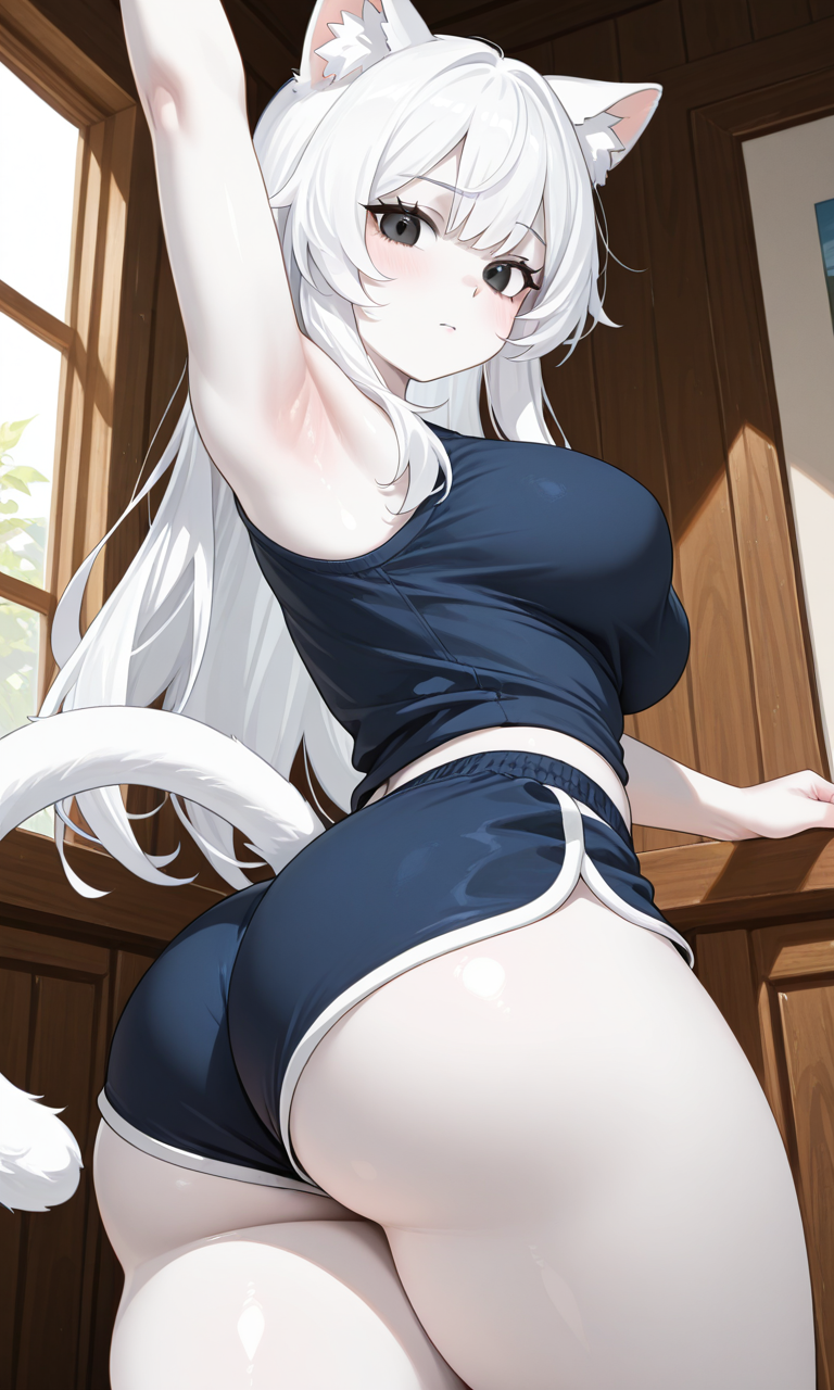 ai generated, arm up, armpits, big ass, black eyes, breasts, cat ears, cat girl, cat tail, catgirl, dolphin shorts, female, kemonomimi, nekomimi, solo, solo female, thick thighs, white hair, window
