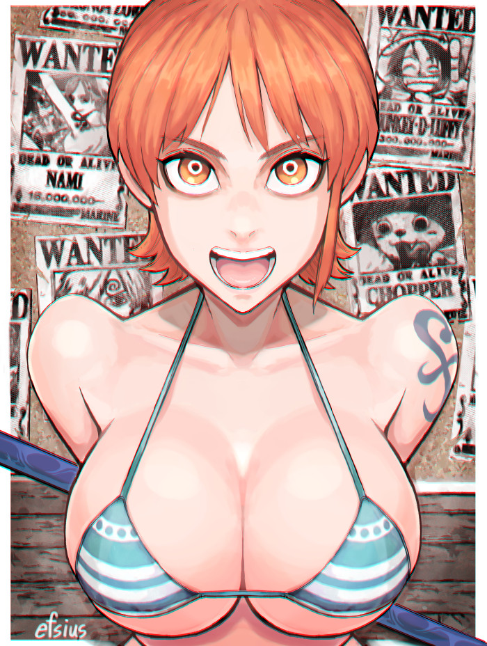 1girls, arm tattoo, big breasts, bikini, bikini top, blue tattoo, breasts, breasts bigger than head, efsius, female, female only, nami (one piece), one piece, orange hair, orange-haired female, tagme, tattoo
