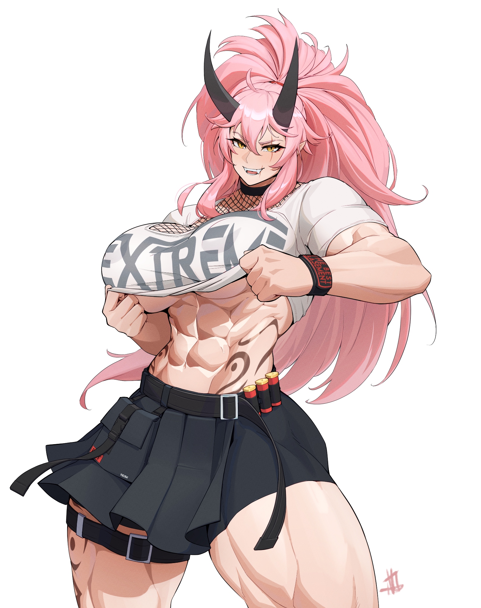 abs, breasts, female, fishnets, highres, horns, large breasts, leg tattoo, long hair, muscular, muscular female, okasbasement, original, pink hair, ponytail, scar, scar across eye, scar on face, skirt, stomach tattoo, tattoo, thighs, underboob, yellow eyes