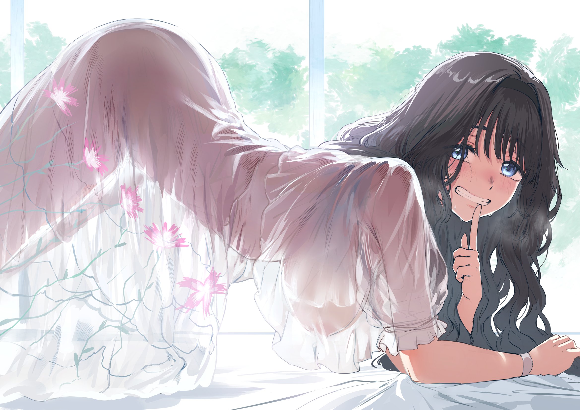 1girls, 2d, arched back, areolae, ass, bed, blue eyes, breasts, dark hair, dumptruck ass, hews, hews hack, kaoru hana wa rin to saku, light, looking at viewer, seductive smile, see-through clothing, solo, solo focus, thick thighs, translucent, waguri kaoruko, wavy hair, window