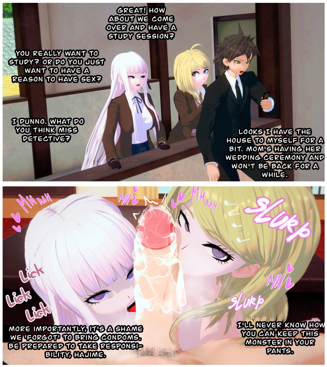 1boy, 2girls, akamatsu kaede, bookie, cock worship, danganronpa, danganronpa 2: goodbye despair, danganronpa v3, english text, female, ffm threesome, hinata hajime, kirigiri kyouko, koikatsu, male, male pubic hair, mff, multiple females, multiple girls, oral, oral sex, penis, pubic hair, text